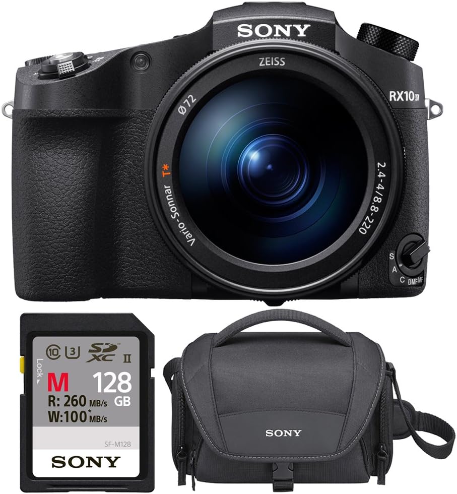 Sony RX10 IV Cyber-Shot High Zoom 20.1MP Camera with 24-600mm F.2.4-F4 Lens Bundle with 128GB Memory Card, Soft Carrying Case for Cyber-Shot and Alpha Cameras and Cleaning Cloth