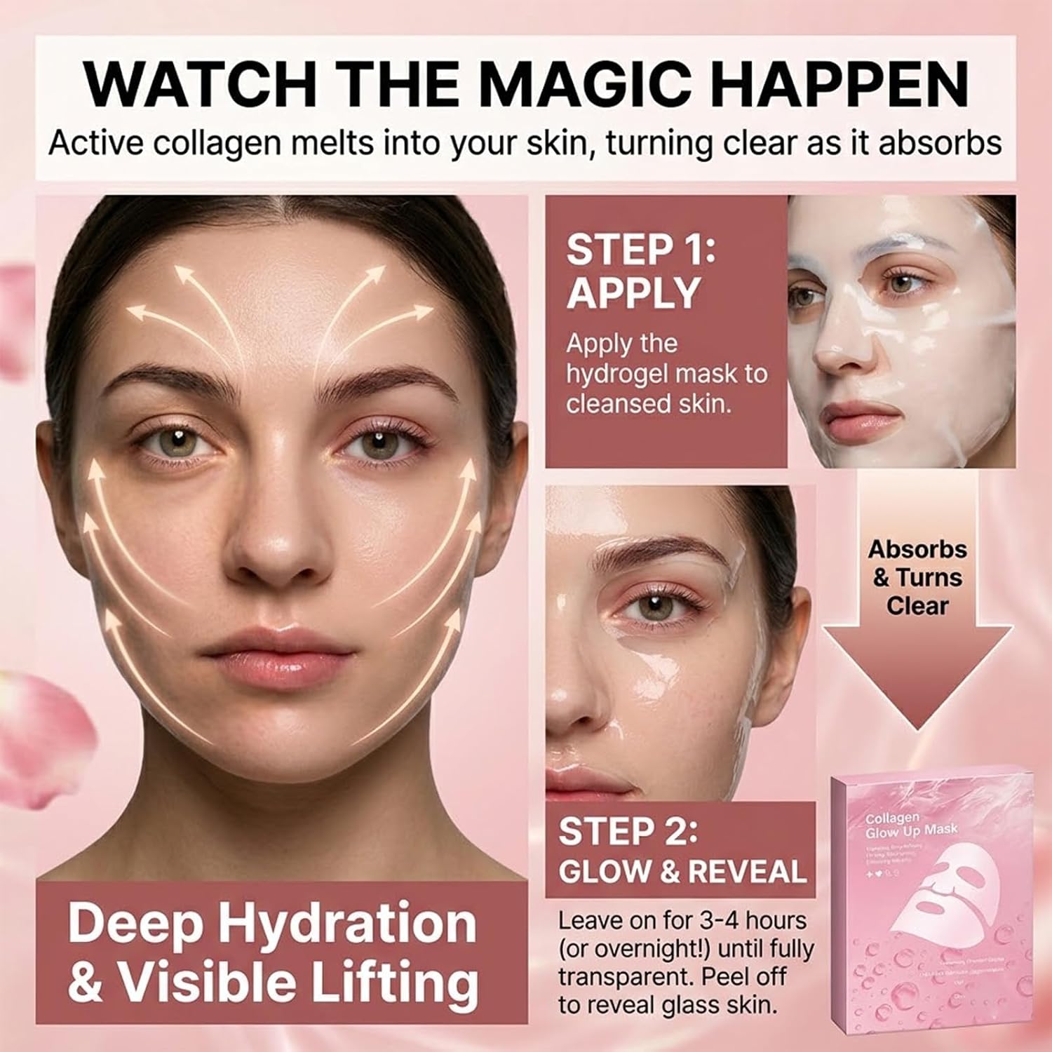 Collagen Glow Up Hydrogel Mask, 8-Pack Premium Overnight Facial Sheet Masks for Glass Skin, Turns Clear, Low-Molecular Hyaluronic Acid & Cica for Deep Hydration, Firming & Pore Refining