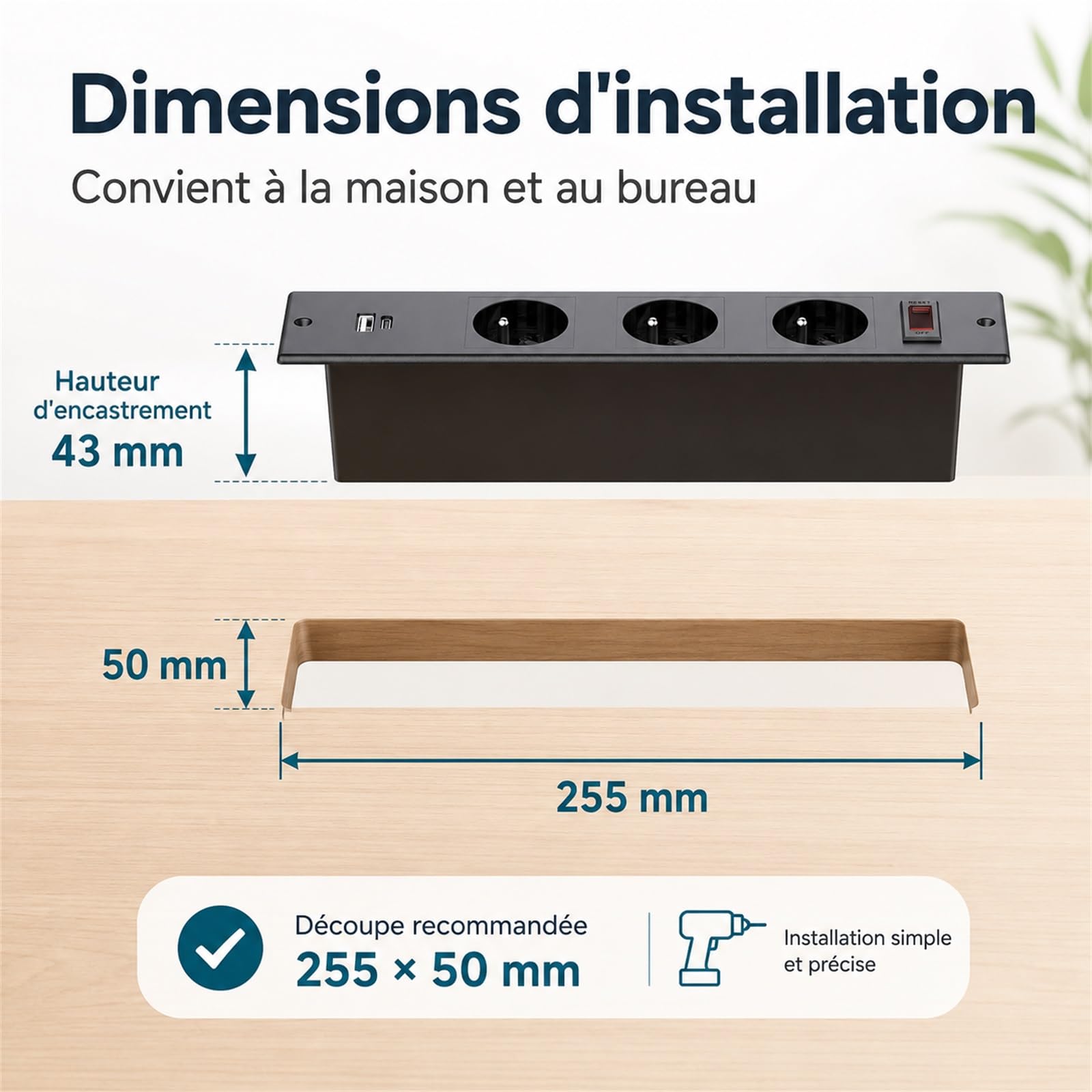 Prise Encastrable Plan de Travail, Dinolink Multiprise Encastrable avec 3 Prises, PD 20W USB A+C, Prise Electrique Encastrable avec Interrupteur de Surcharge, 16A/4000W, 2M Câble, Noir