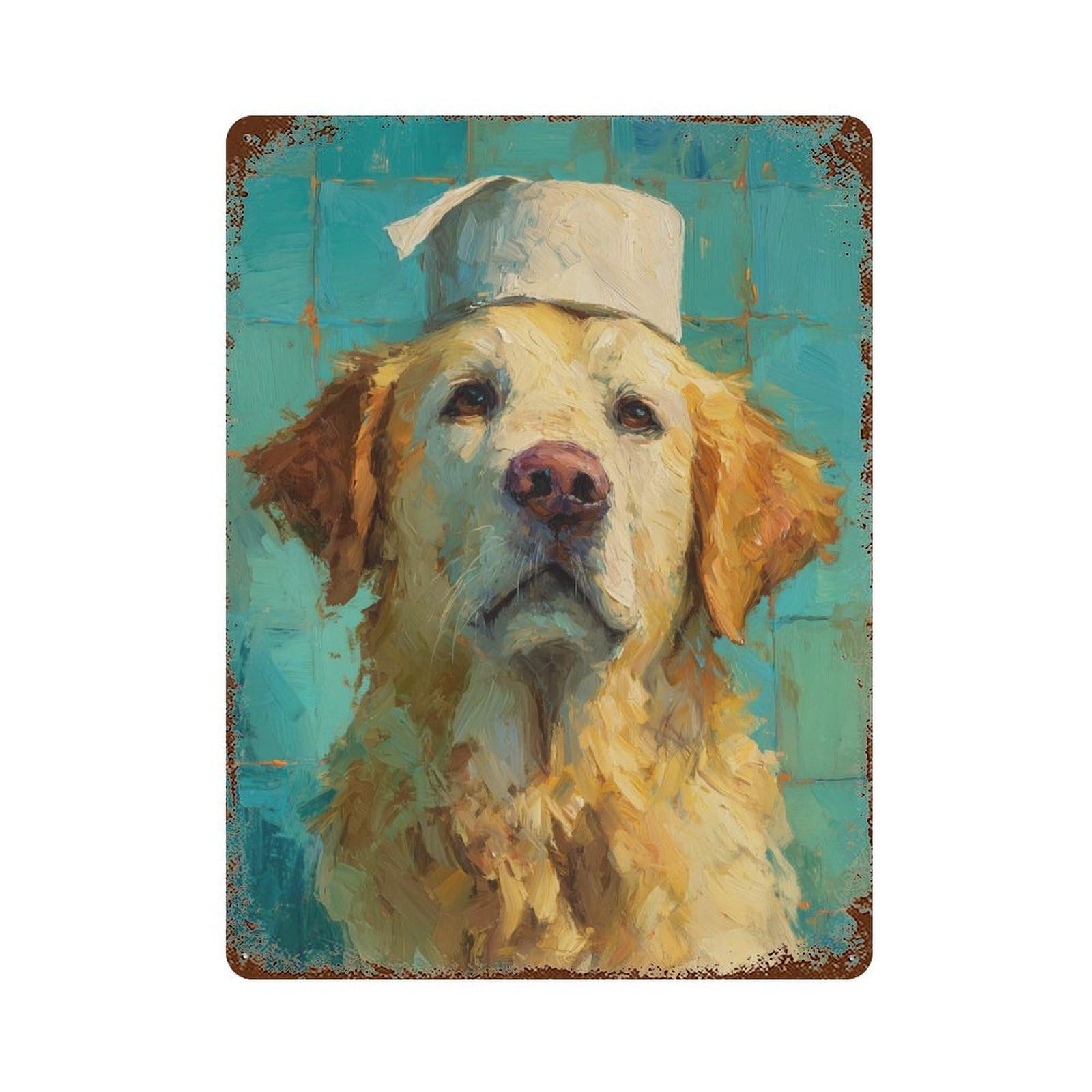 Golden Retriever with Hat Painting Retro Metal Sign 15.7"x11.8", for Garage, Bar And Workshop Decor, Shabby Chic Decor