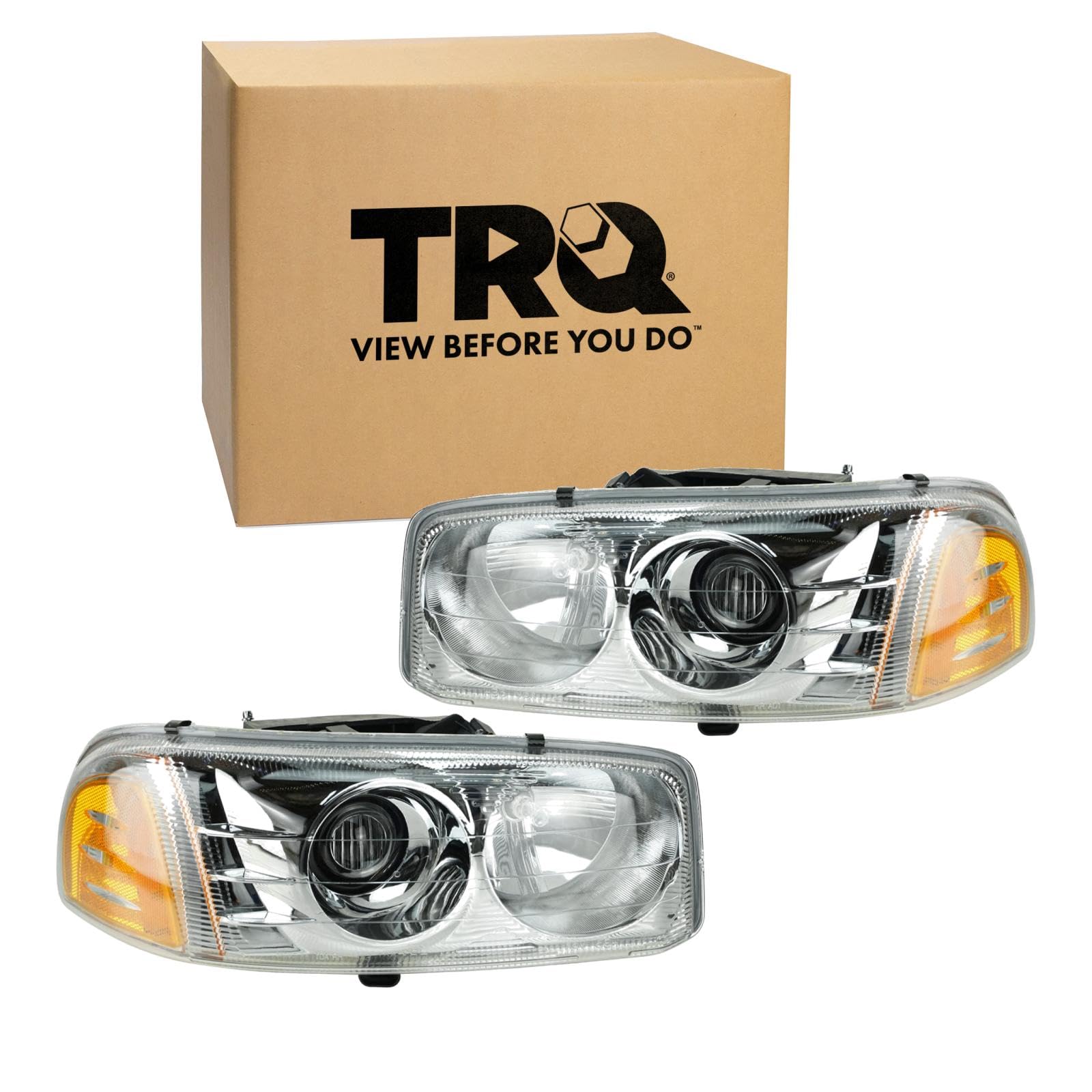 TRQ 2 Piece Headlight Assembly Set Driver and Passenger Side Compatible with 2001-2006 Yukon Yukon XL Denali 1500 2001 Sierra 1500 C3 2002-2006 Sierra Denali 2007 Classic
