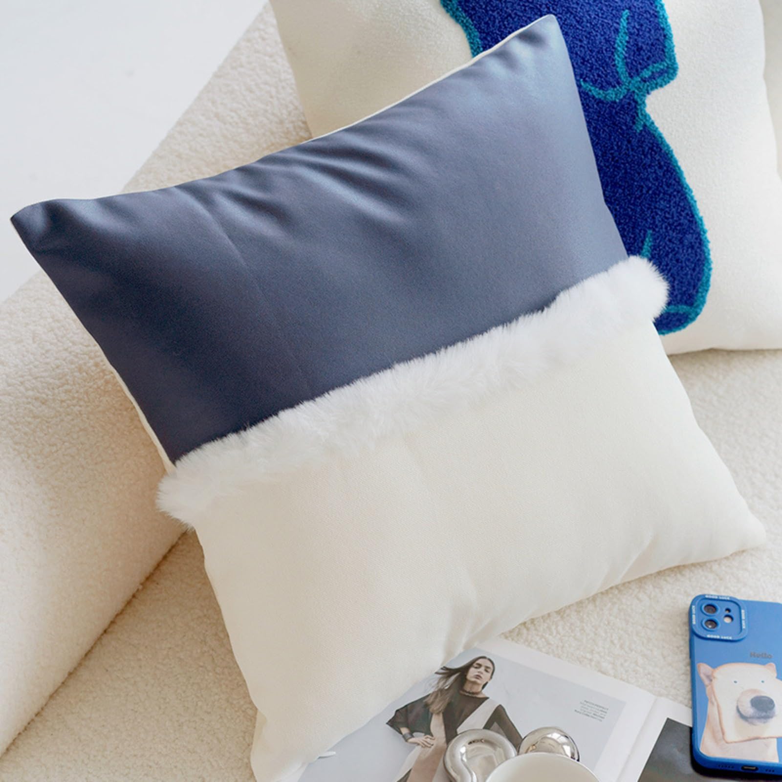Housse de coussin bleu 45x45 cm en coton tufté géométrique pour canapé de salon