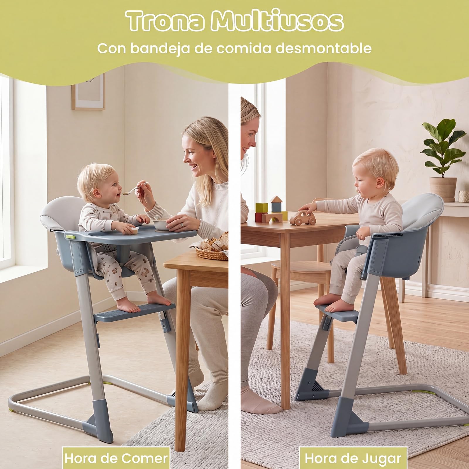 COSTWAY Trona para Bebé, Silla de Comer Alta | con Bandeja Extraíble y Ajustable, Arnés de Seguridad, Reposapiés, Estructura de Metal, Asiento Infantil para Hogar, 58 x 62