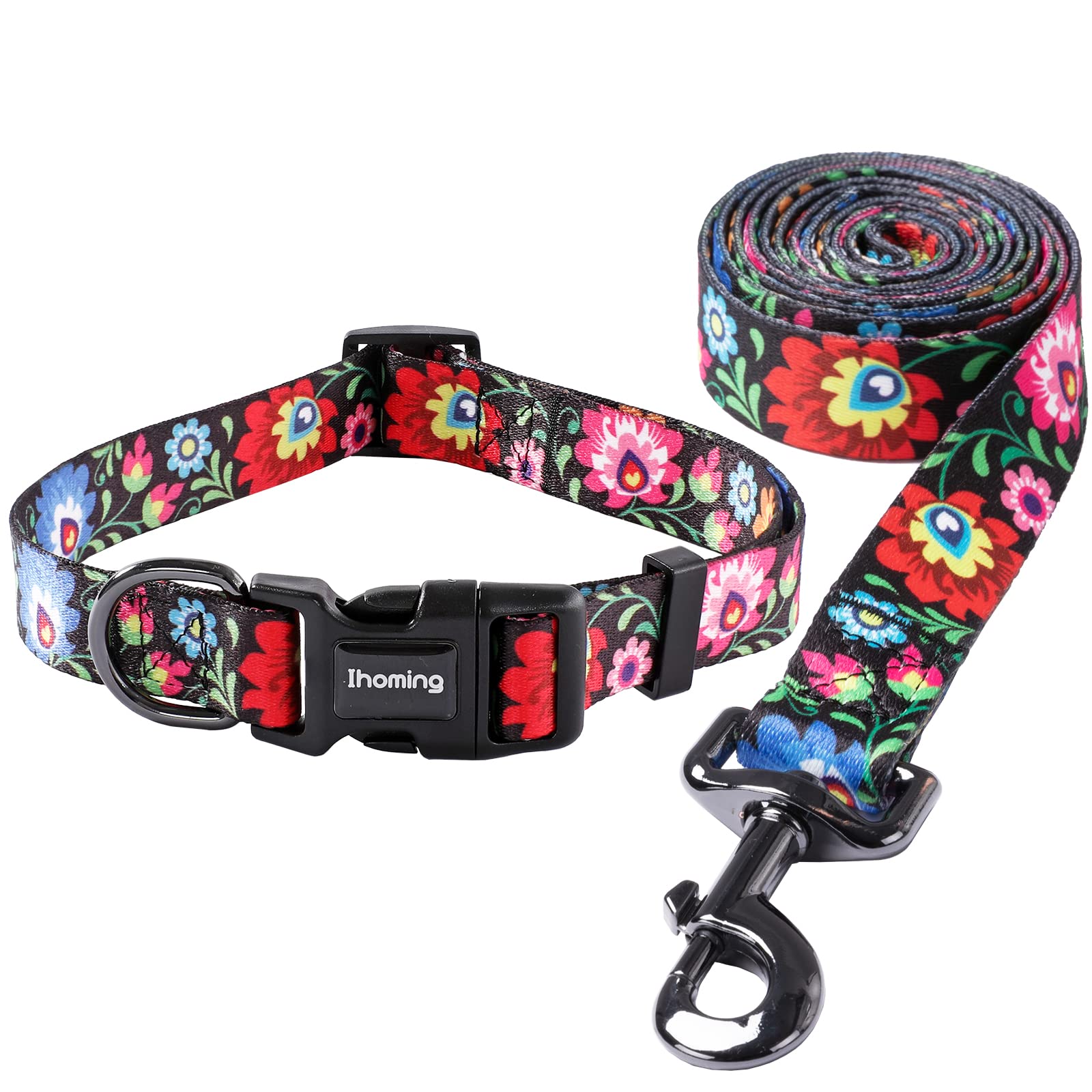Ihoming Puppy Collar and Leash Set for Daily Outdoor Walking Running Training, Black Colorful Flowers Design for Extra Small Boys Girls Dogs Cats Pets