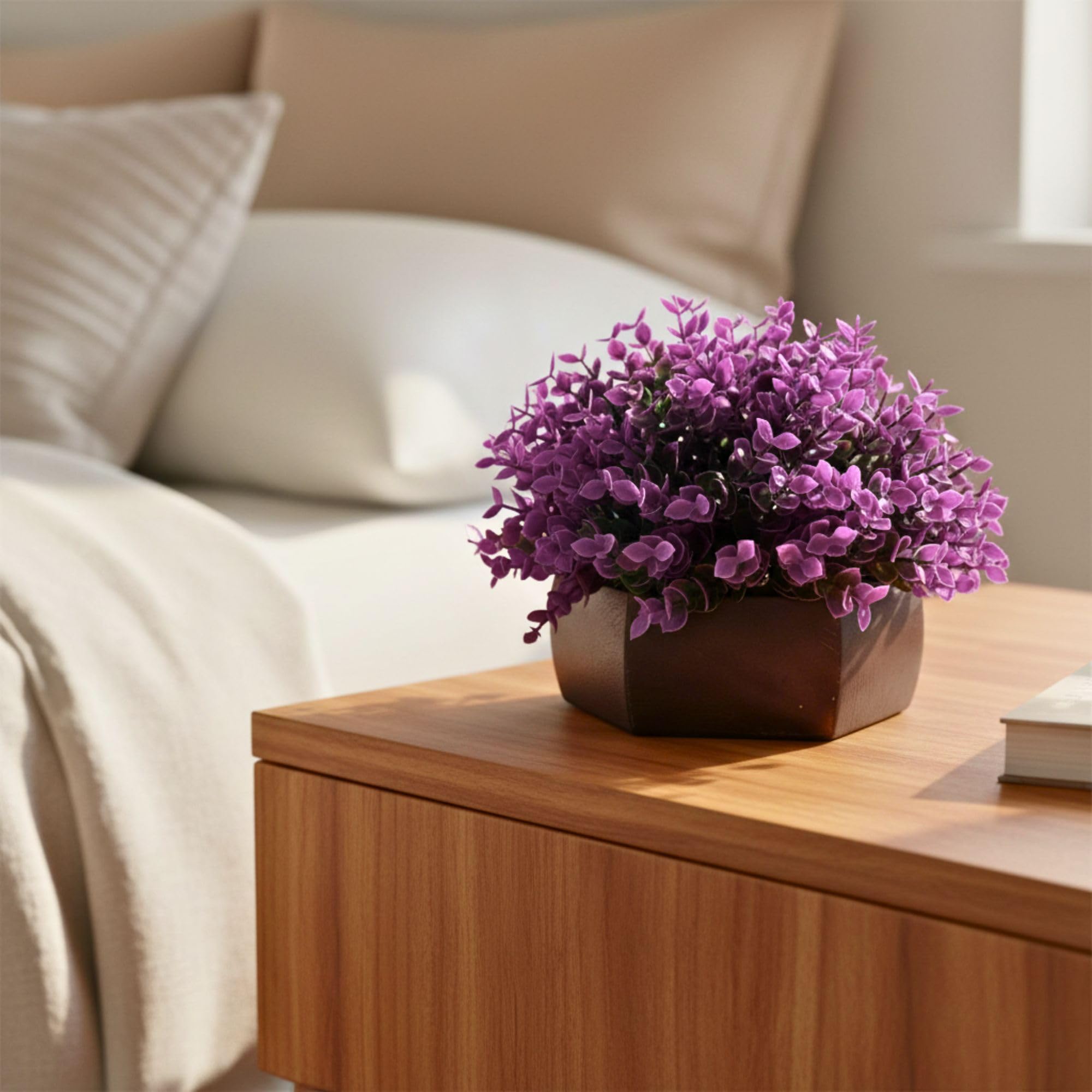 fancymart Artificial Hackleberry Purple Plant in Wooden Hexagon Pot, 15 cm Height – Stylish Tabletop Decoration for Living Room, Office Desk, Shelf Display, Elegant Mini Potted Accent (Pack of 1) 3