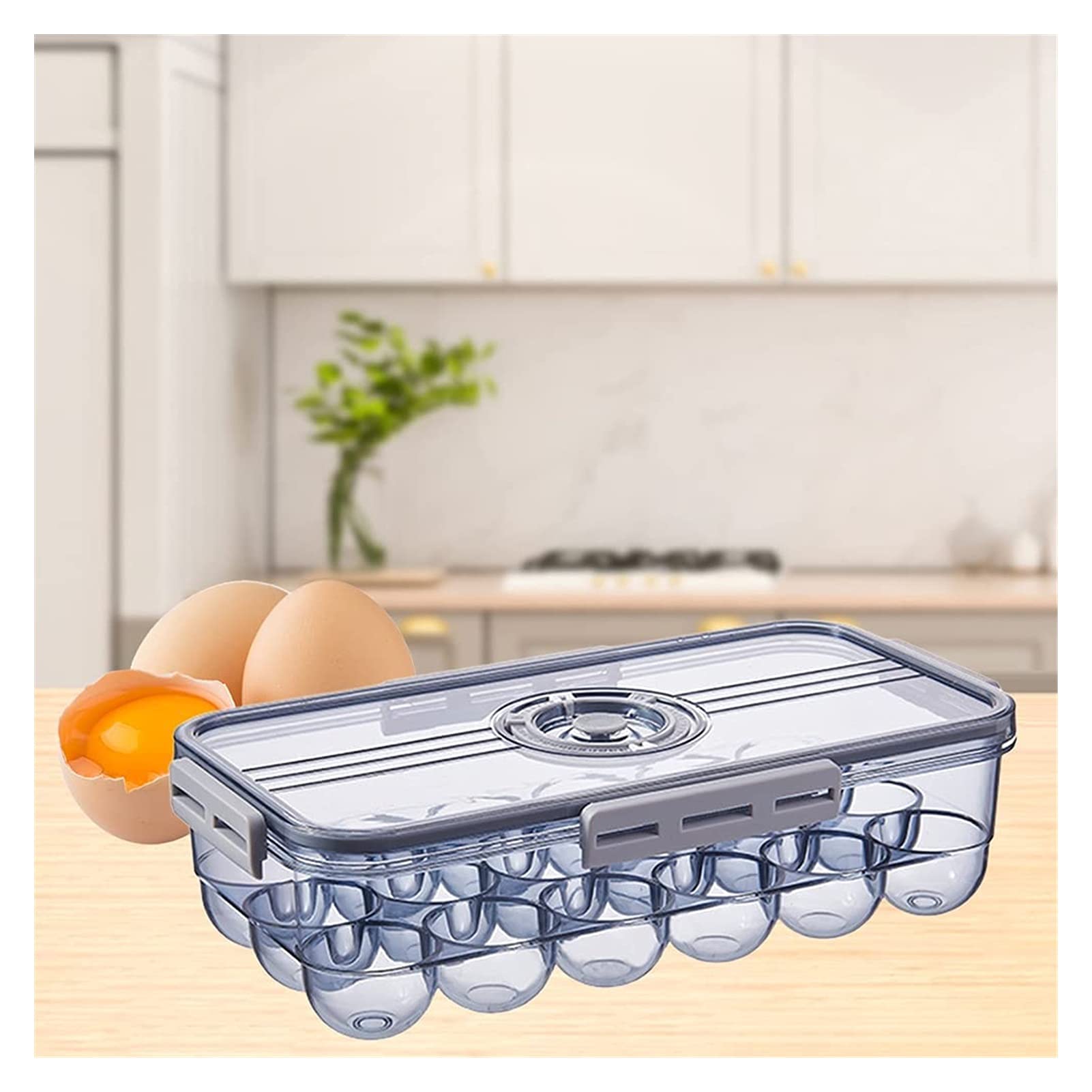 JSY Bandeja de almacenamiento de huevos para nevera, bandeja de huevos con tapa, apilable, de alta transparencia, para huevos de PET y accesorios (color: azul, tamaño: 18 rejillas)