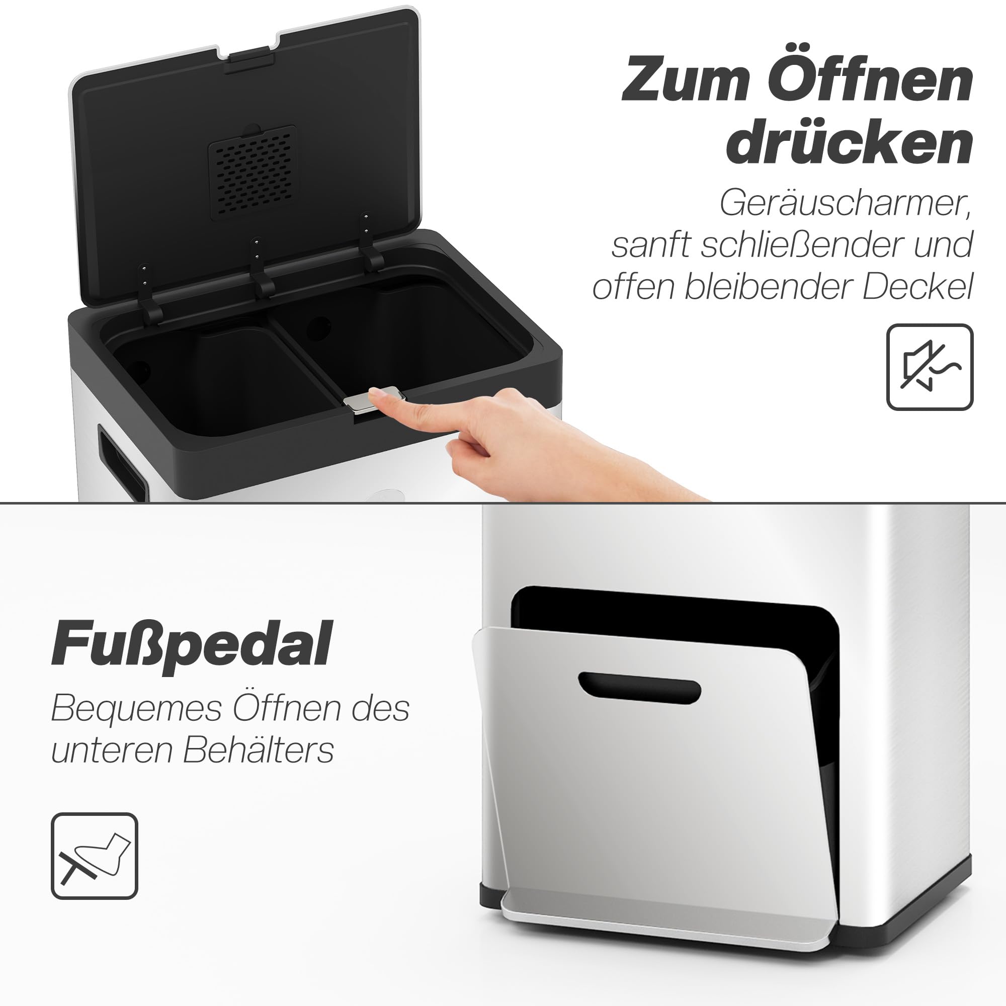 HOMCOM Rechteckiger Tretabfalleimer, 56L, Küchenabfalleimer, 3 Fächer, sanfter Verschluss, aus spurlosem Edelstahl, Abfalleimer mit Rollen, herausnehmbarer Inneneimer, Silber