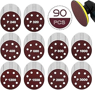90 PCS 5 Inch Sanding Discs 8 Hole Wet Dry Hook and Loop 240 320 400 600 800 1000 1200 1500 2000 3000 Grit Sandpaper Assortment for Hand Orbital Sander Woodworking Polishing Drywall