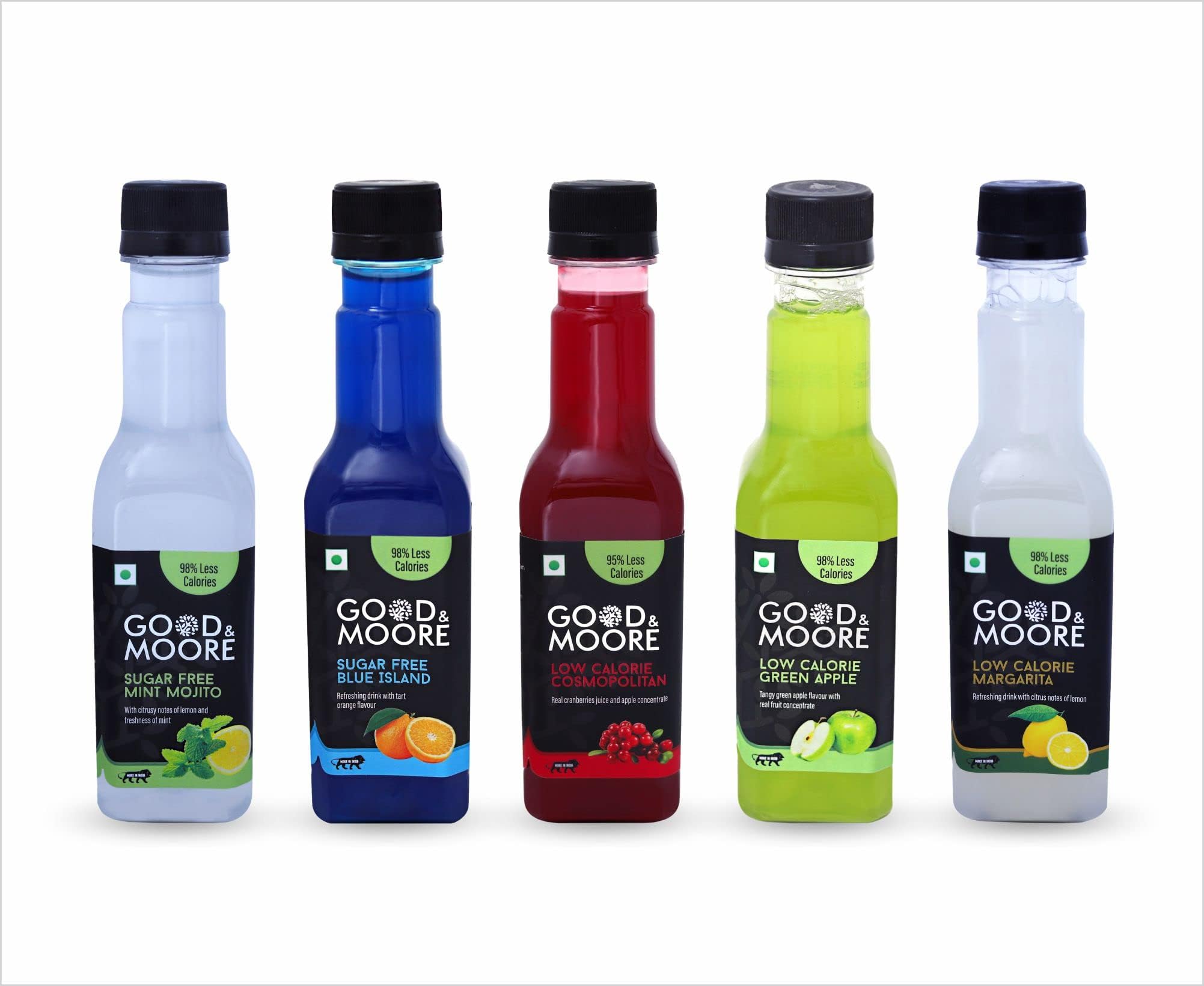 GOOD&MOORE Combo Of 5|Low Calorie Green Apple, Sugar Free Mint Mojito, Upto 98% Less Calories (Low Cal), Diabetic Friendly (Sugar Free)|Concentrated Syrup|Ready To Mix|(250Ml X 5)