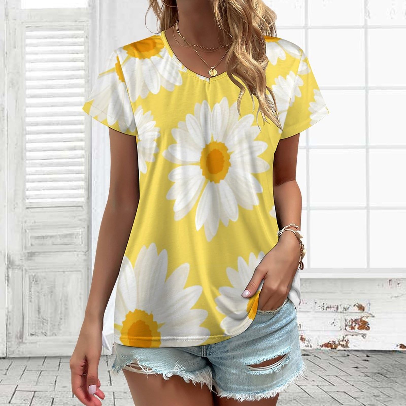 ライトブルー Vネック 長袖カットソー　デイジー ライトブルー Vネック 長袖カットソーデイジー