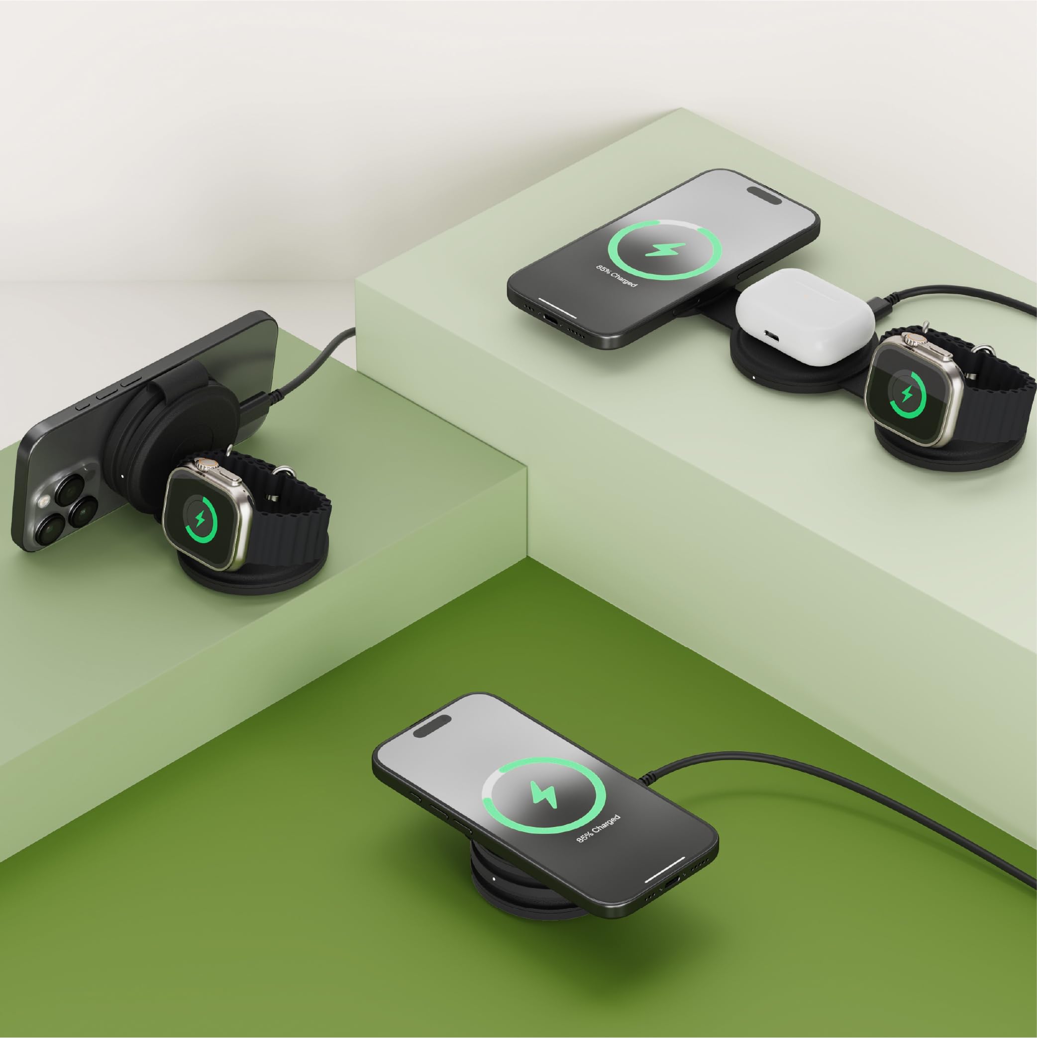 SATECHI OntheGo 3 in 1 Caricatore Wireless Qi2 15W, Nero | 15W per iPhone, 5W per Apple Watch e AirPods, design compatto da viaggio, compatibile con iPhone 17 a 12 e altro