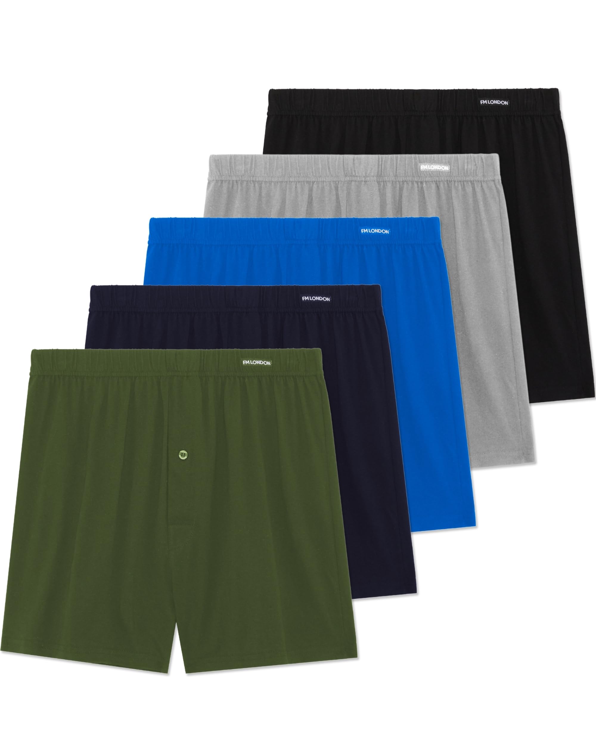 FM London Pack de 5 Calzoncillos para Hombre de Algodón - Bóxer para Hombre de Algodón 100% Supersuave, Colores Lisos – Bóxer de Estilo Holgado, Bragueta Abotonada y Cintura Elástica