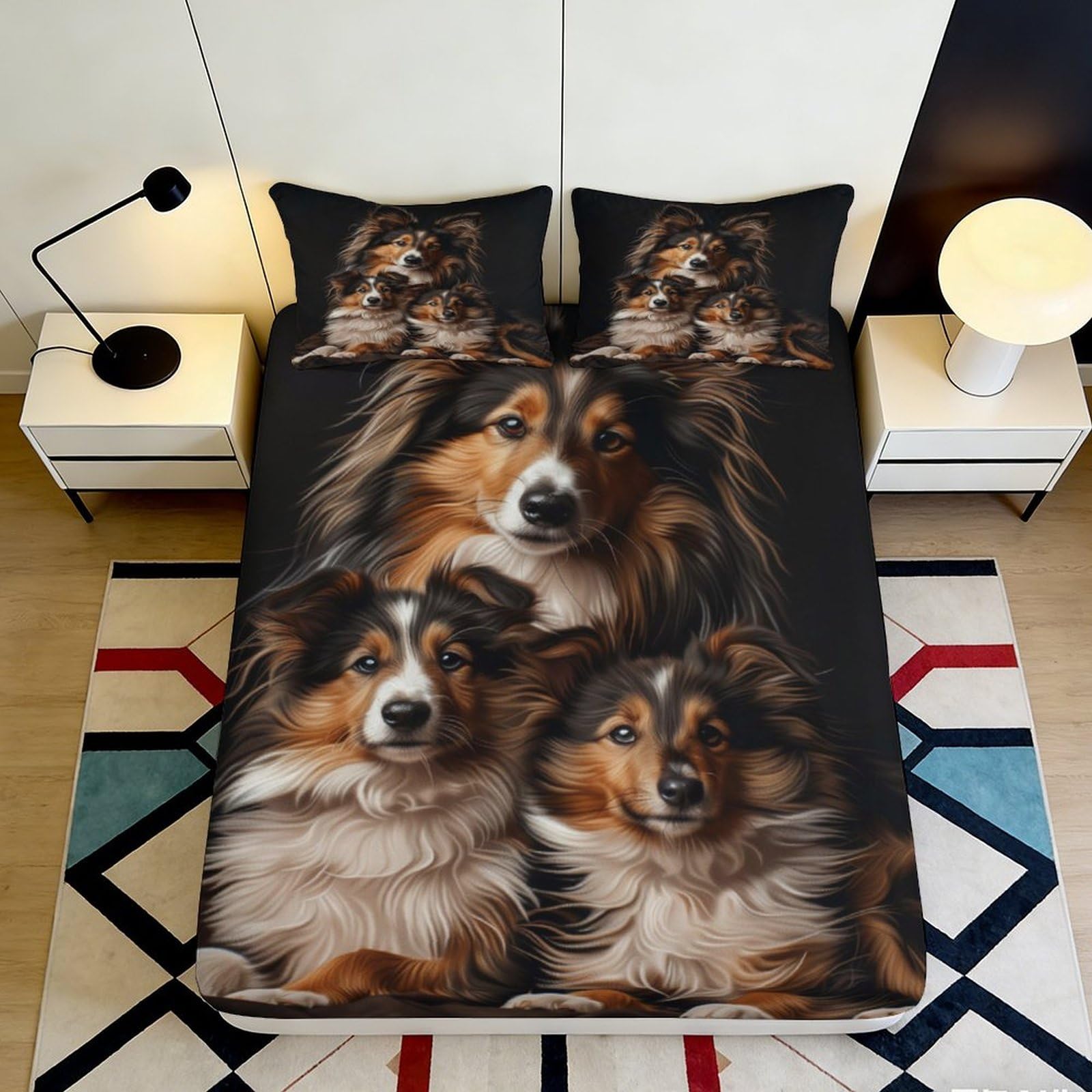 3D Printed Shetland Sheepdog Fitted Sheet Microfiber Soft Decor Dog Family Bed Cover for Bedroom Guest Room Mattress Protection 90x200x25cm