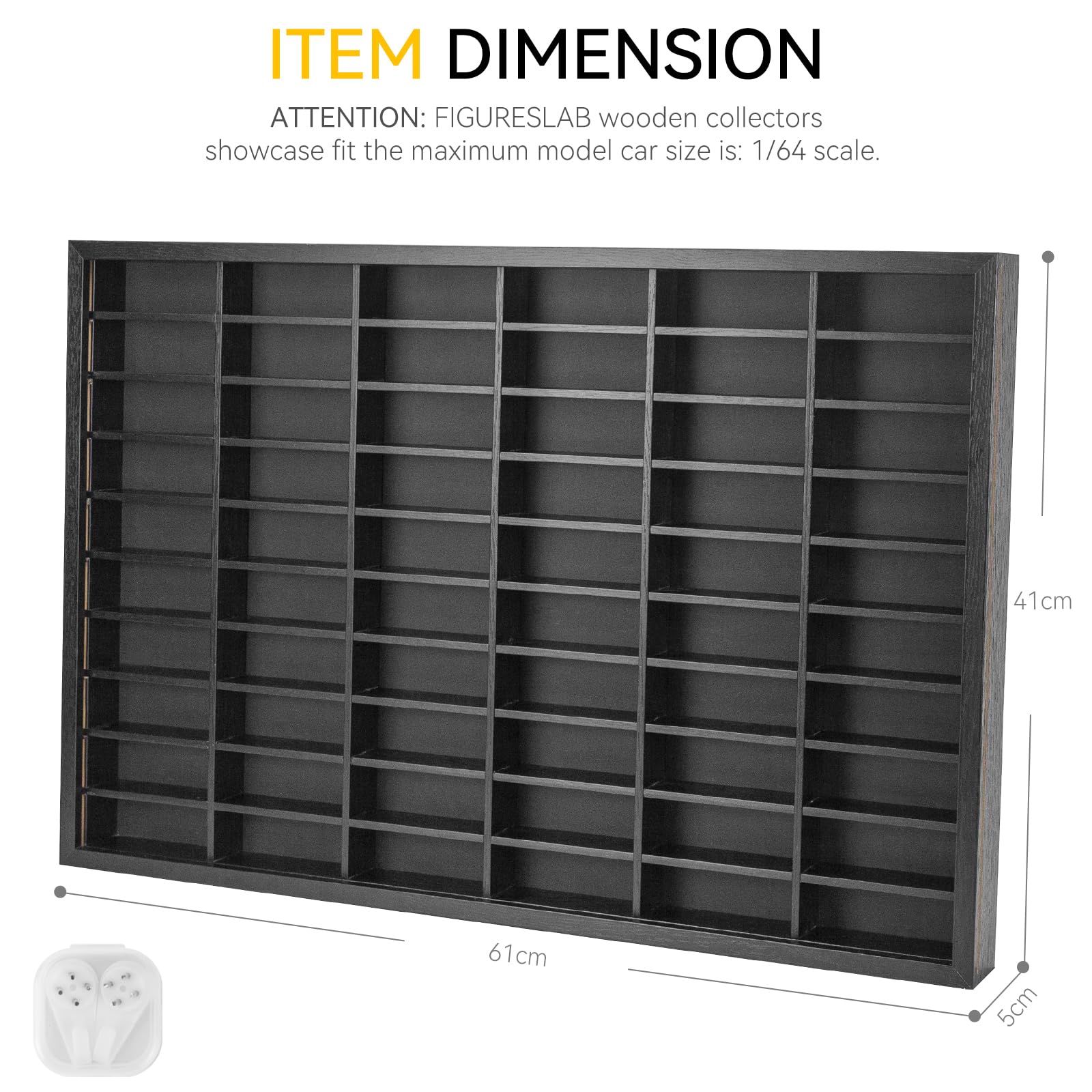 FIGURESLAB Model Car Collectors Showcase, 1/64 Scale Diecast Matchbox Wheels Car Display Frame Case with 60 Compartments, Wooden Dustproof Cabinet Box for Collectibles, Black, 16.27