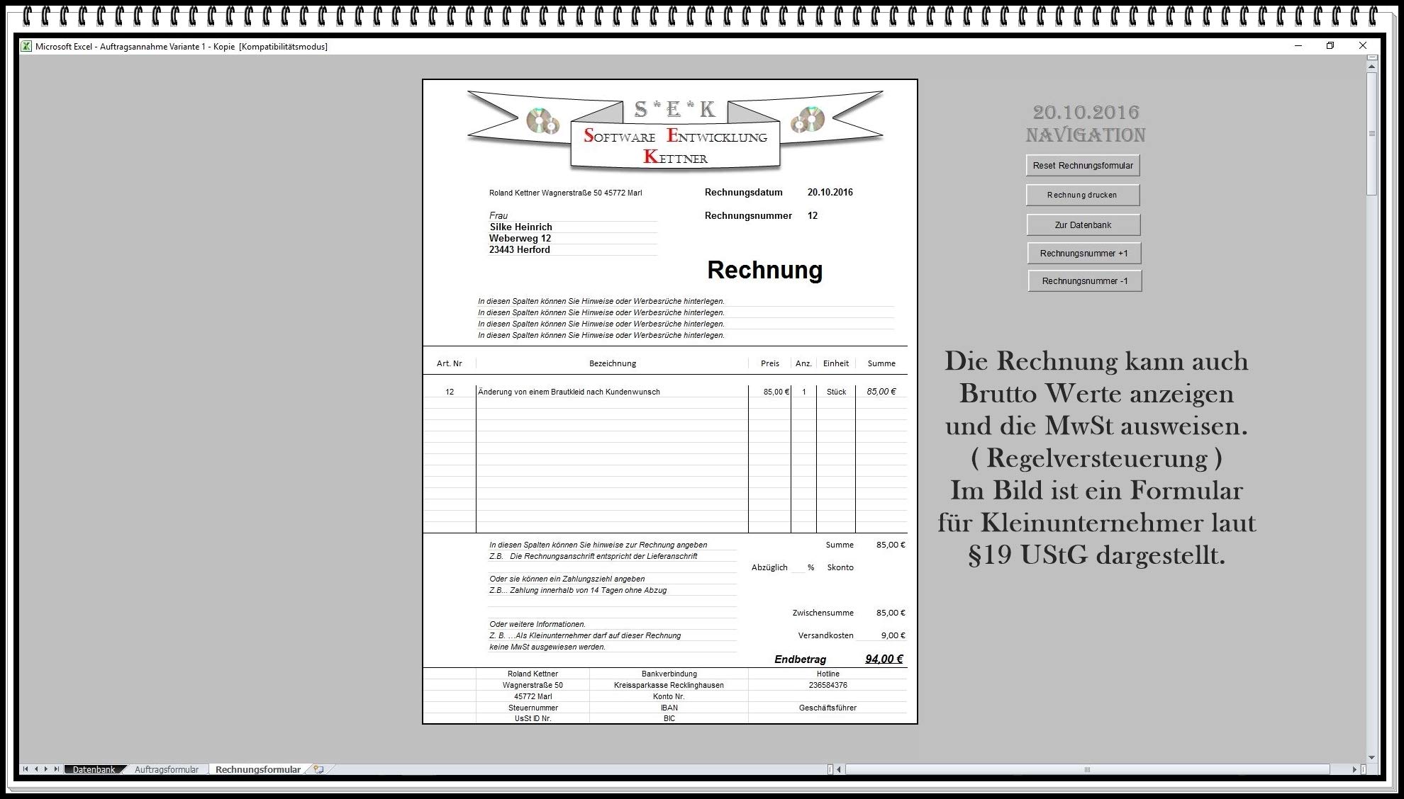 Auftragsverwaltung mit Abholschein für Excel inkl. Rechnungsvorlage | Kundenverwaltung, Auftragsannahme