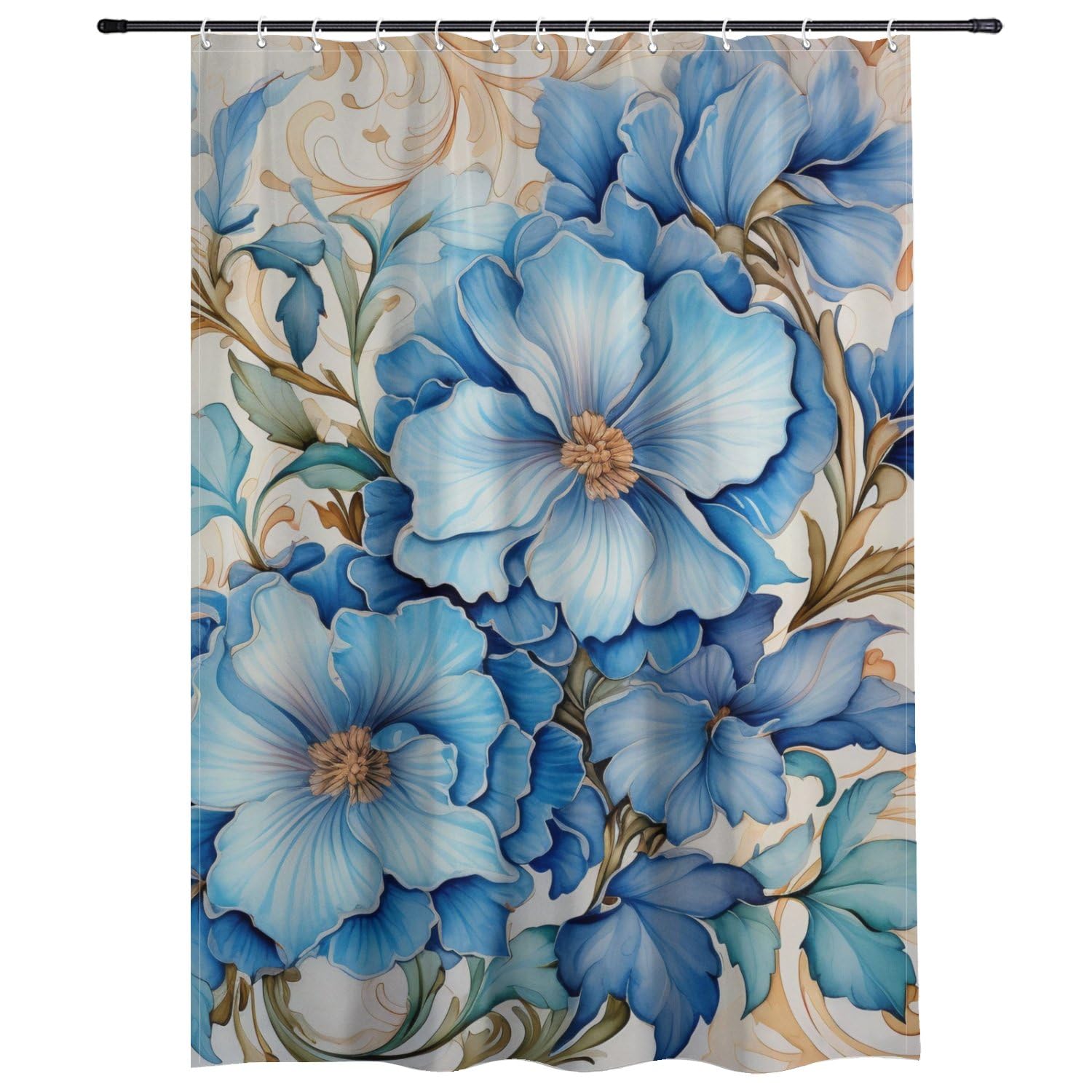 Blue Floral Garden Shower Curtain Mould Proof Washable Waterproof Bathroom Shower Curtain with Hooks Polyester Fabric Bath Bathroom Curtains Blue and Beige 180×180cm Home Decor