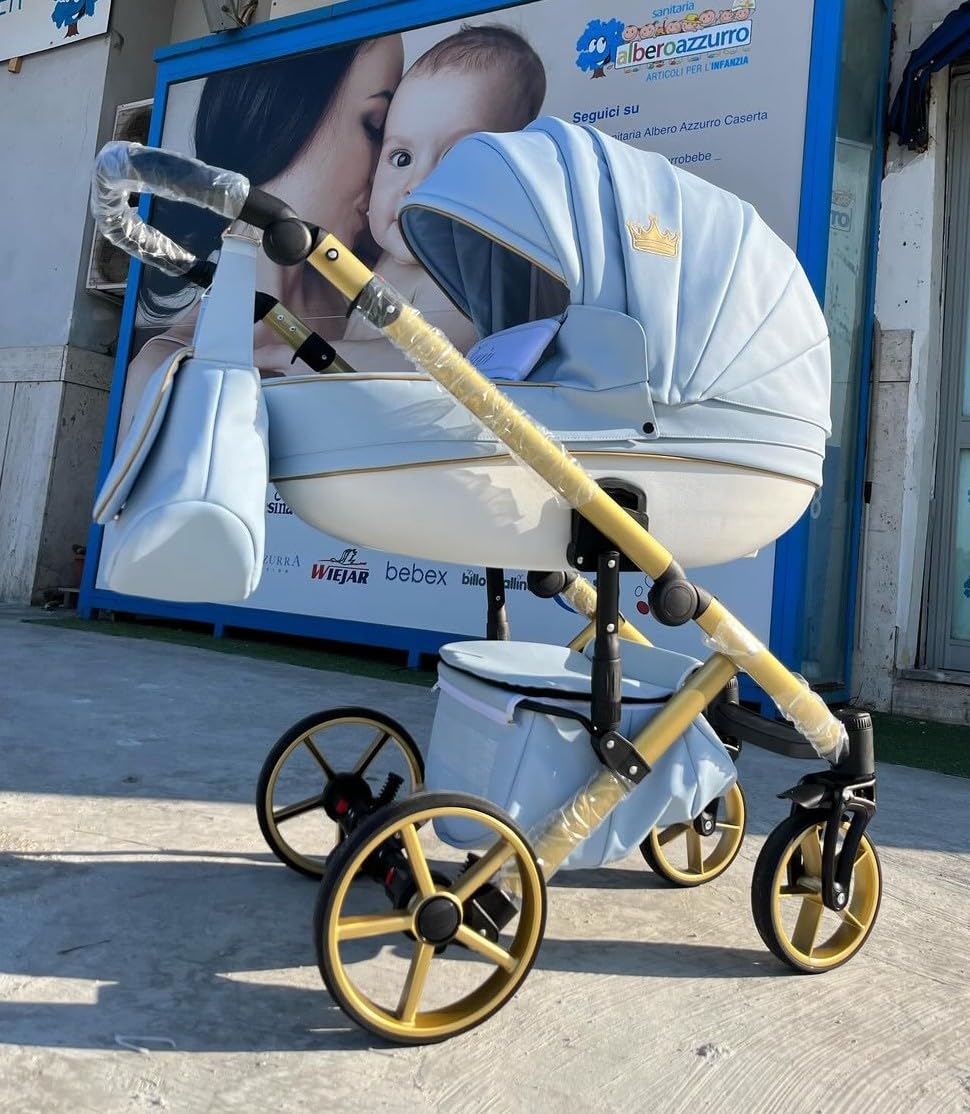 Cochecito NAVI Kajtex BBtwin 3en1 polipiel, carro de bebé 3 piezas con corona, Trio eco-piel, cuero sintetico (blue)