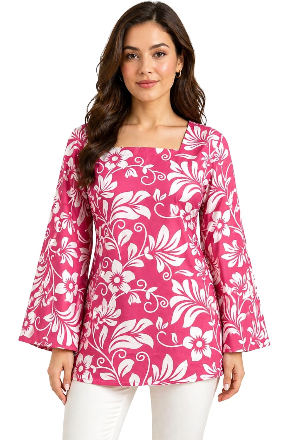 Women Floral Print Tunic Top | Square Neck Kurti Style Top for Women | Bell Sleeves | Adjustable Lace-Up Back | Cotton Casual Western Ethnic Tunic-picture-42