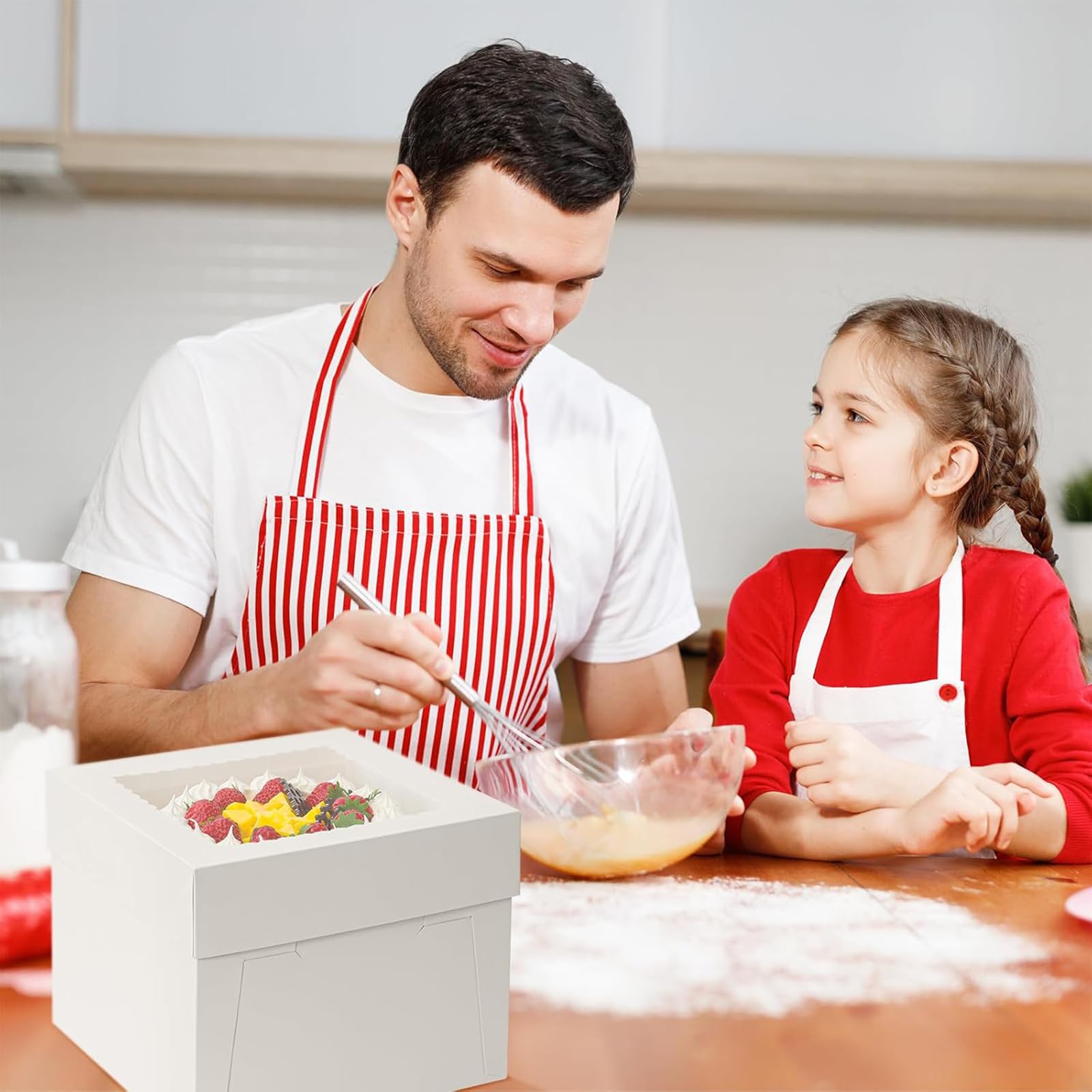 Caja de cartón para tartas de 30 x 30 x 20 cm, caja de transporte para tartas, caja blanca para tartas con ventana y 10 tablas redondas para tartas, 1 rollo de cinta de raso para tartas