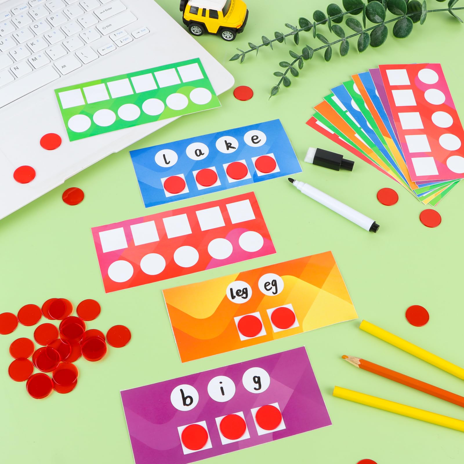 uyakhom 202 Pcs Sound Box Mats and Chips Phonemic Awareness Supplies Includes 100 Sound Box Mats 100 Plastic Chips 2 Markers Phonics Classroom Reading Games for Kindergarten Preschool Elementary - Image 7