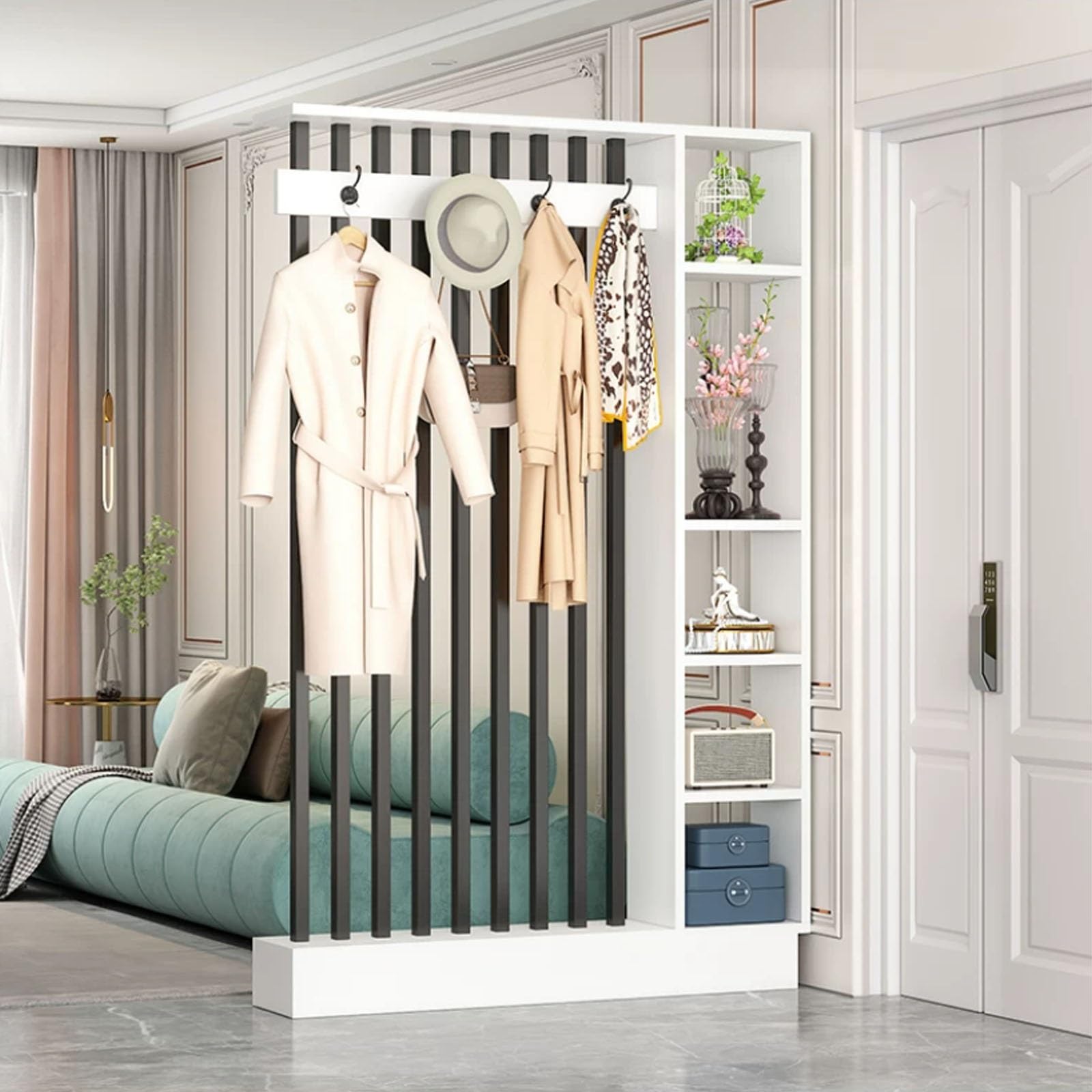 Multi-Functional Entry Hall Storage Rack Wood Room Divider Screen,room divider with shelves,Freestanding Privacy Partition with Coat Rack and Display Shelf for Home Office(White+Black,120cm/47.2'')