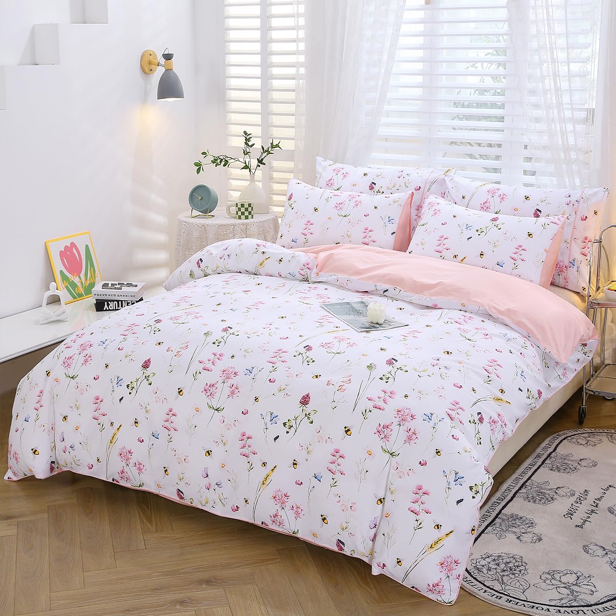 STYHO 3 Pcs Pink Floral Bedding Double Egyptian Cotton Flower Duvet Cover Set including Bees Printed Ultra Soft Reversible Farmhouse Botanical Bedding Sets for All Seasons(Bees - Image 2