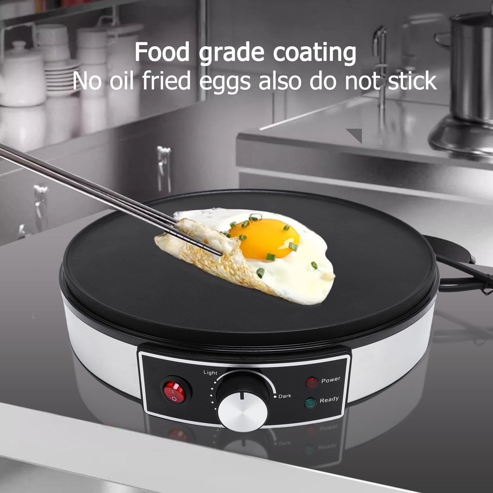Crepera eléctrica, plancha eléctrica antiadherente y máquina para hacer crepas, sartén de aluminio de 11.8 pulgadas con indicadores LED, temperatura ajustable y espátula (Enchufe de EE. UU. 220V)