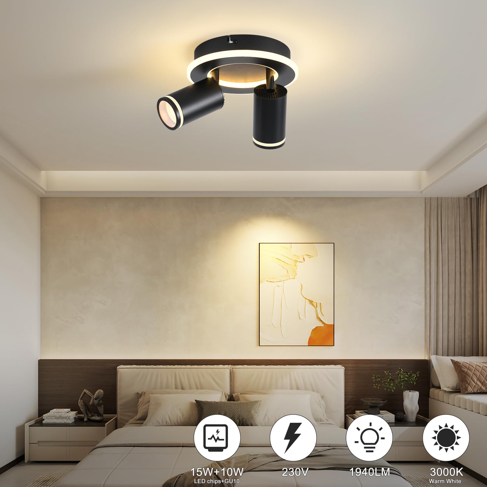 SANSHI Rotonda Faretti da Soffitto Orientabili Interno LED 2 Luce,Faretti da Parete con Inferiore 15W+2x5W,GU10 Lampadario Faretti,Moderna Plafoniera Faretti Bianco Caldo 3000K per Cameretta,Nero