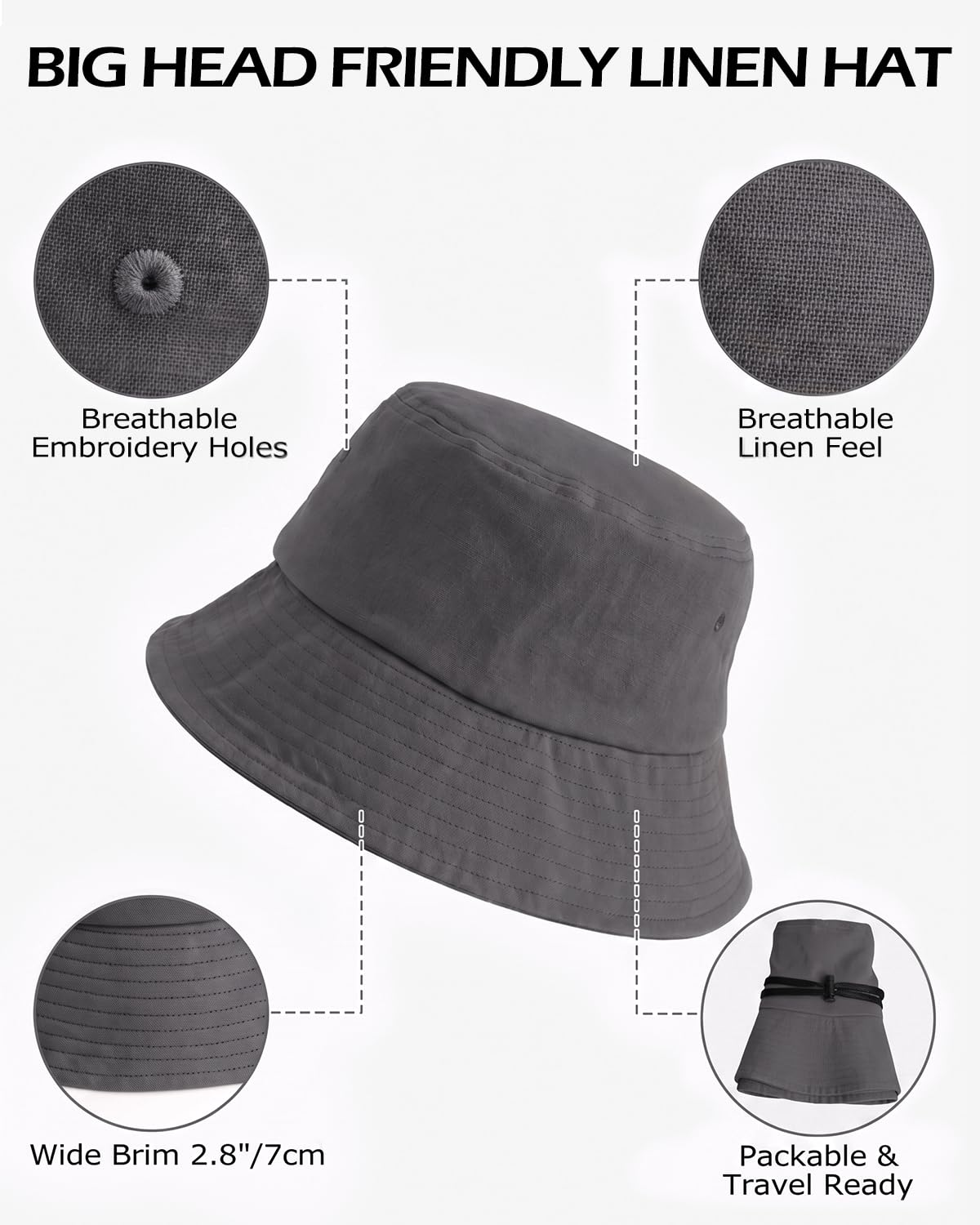 Zylioo XXL lniany kapelusz typu bucket dla mężczyzn i kobiet, duża głowa letnia podróżna czapka przeciwsłoneczna, oddychająca regulowana czapka plażowa na zewnątrz