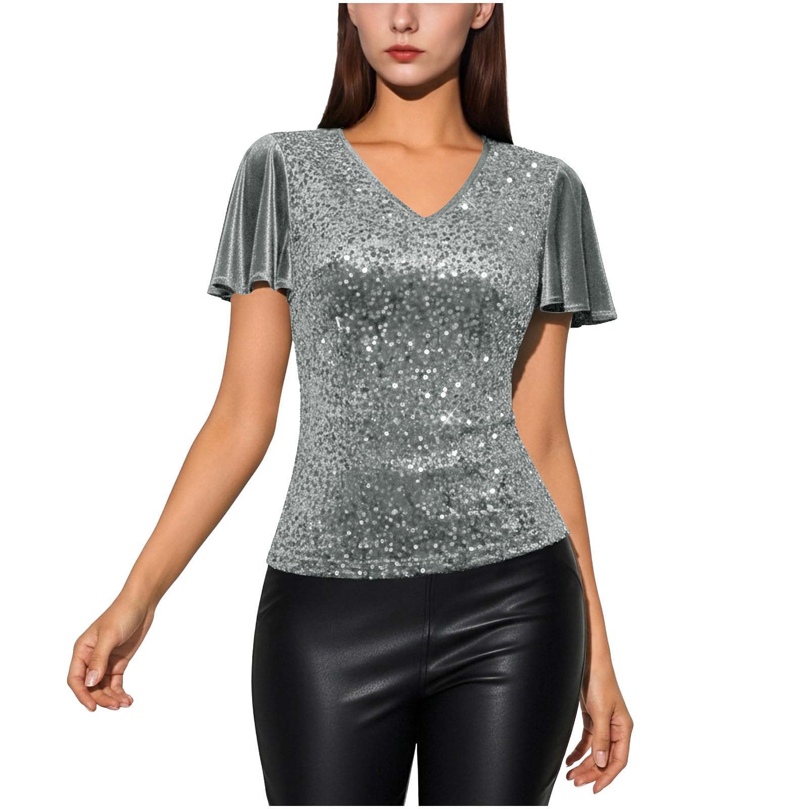 Womens Sparkly Sequin Velvet Tops Ruffled Short Sleeve V Neck Shirt Solid Color Party Club Blouse Elegant Fall