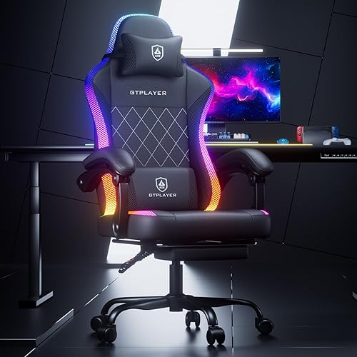 Miniatura 2 de GTPLAYER Silla ergonómica RGB para juegos con masaje, reposapiés, luces LED, soporte lumbar, silla de computadora con reposabrazos de acoplamiento,