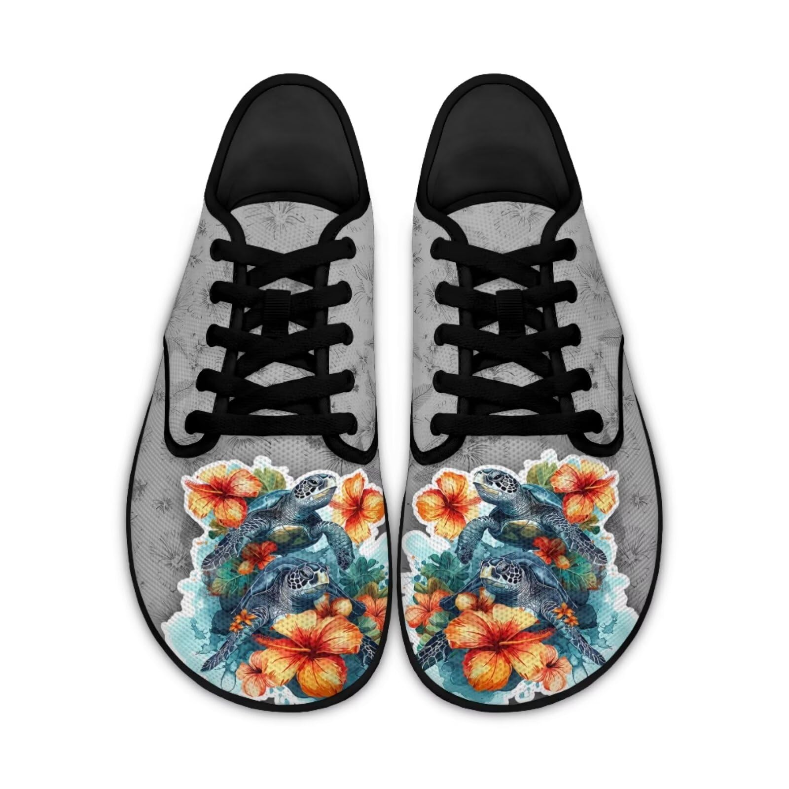 Binienty Tropical Sea Turtle Womens Minimalist Width Barefoot Shoes Fashion Hibiscus Print Zero Drop Shoes Low Cut Lace Up Seankers for Outdoor Hiking Camping Hunting, Size 14