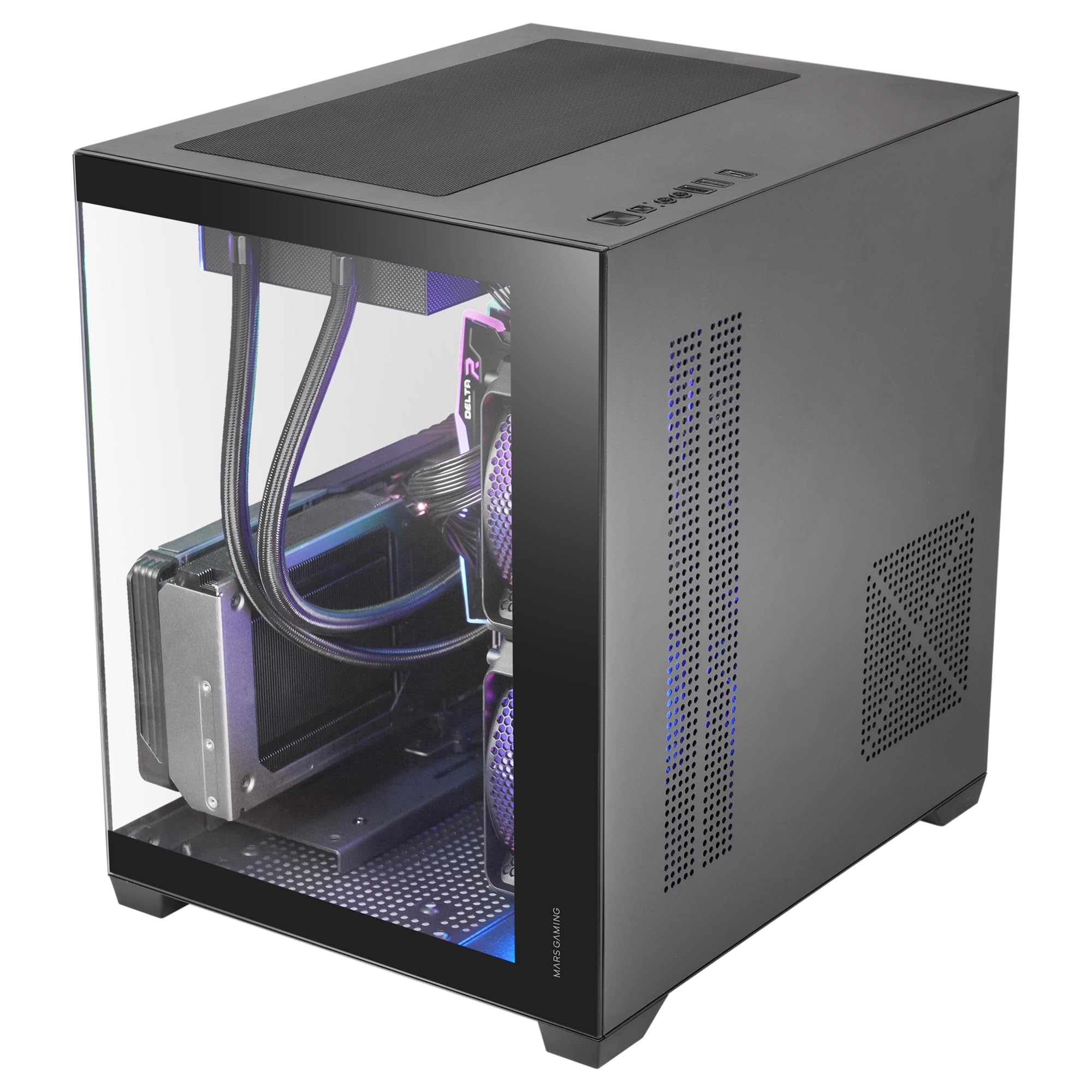 Mars Gaming MC-VIEW3, Caja PC MicroATX, Cristal Templado Panorámico, 3X Ventiladores ARGB 120mm, Doble Cámara, Soporte Refrigeraciones Líquidas hasta 240mm, Minitorre Compacta con USB-C, Negro