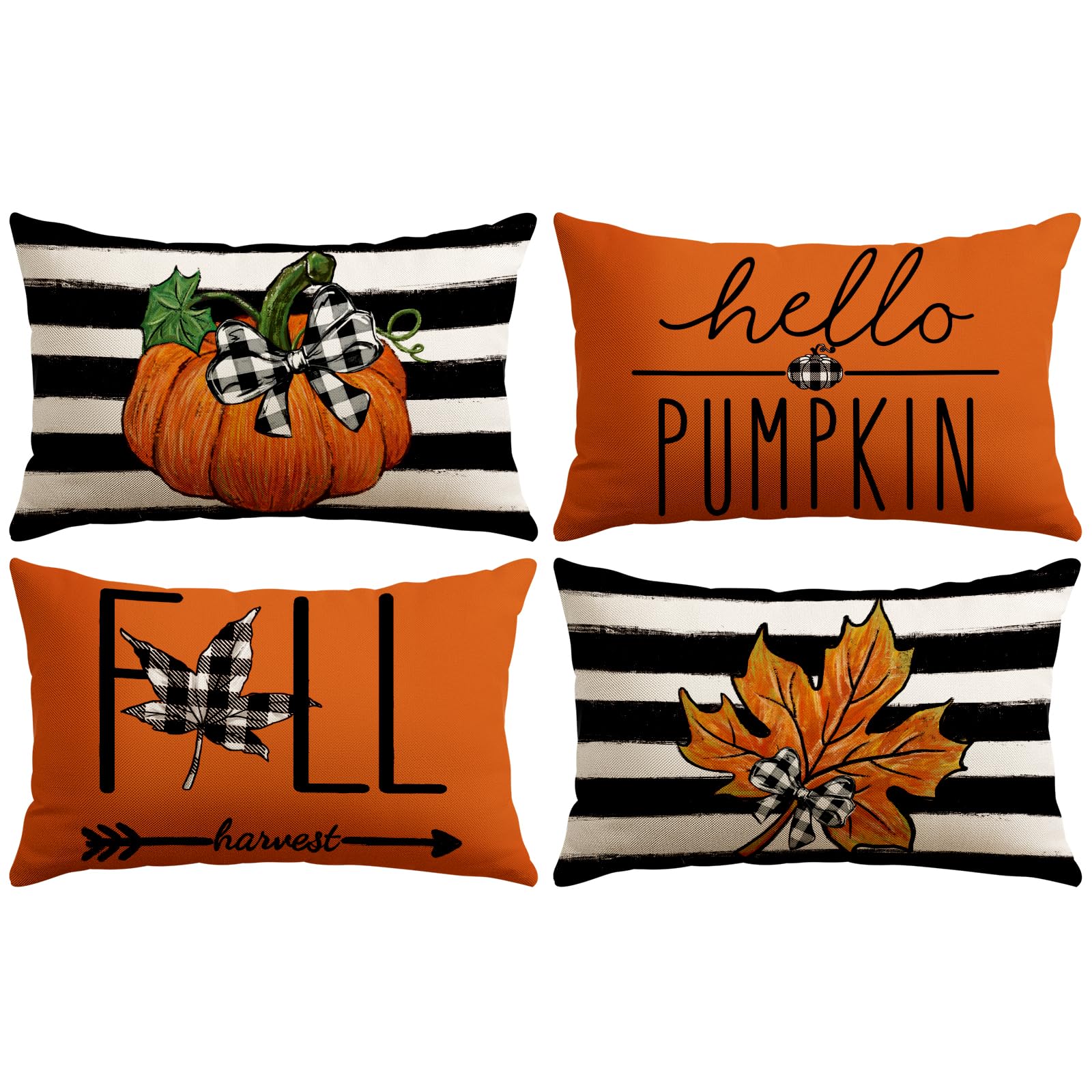 JOTOM Set of 4 Fall Pumpkin Cushion Covers 30x50 cm Buffalo Check Plaid Maple Leaves Throw Pillow Covers Black Stripe Pillowcases Farmhouse Decor for Thanksgiving Couch Living Room Sofa