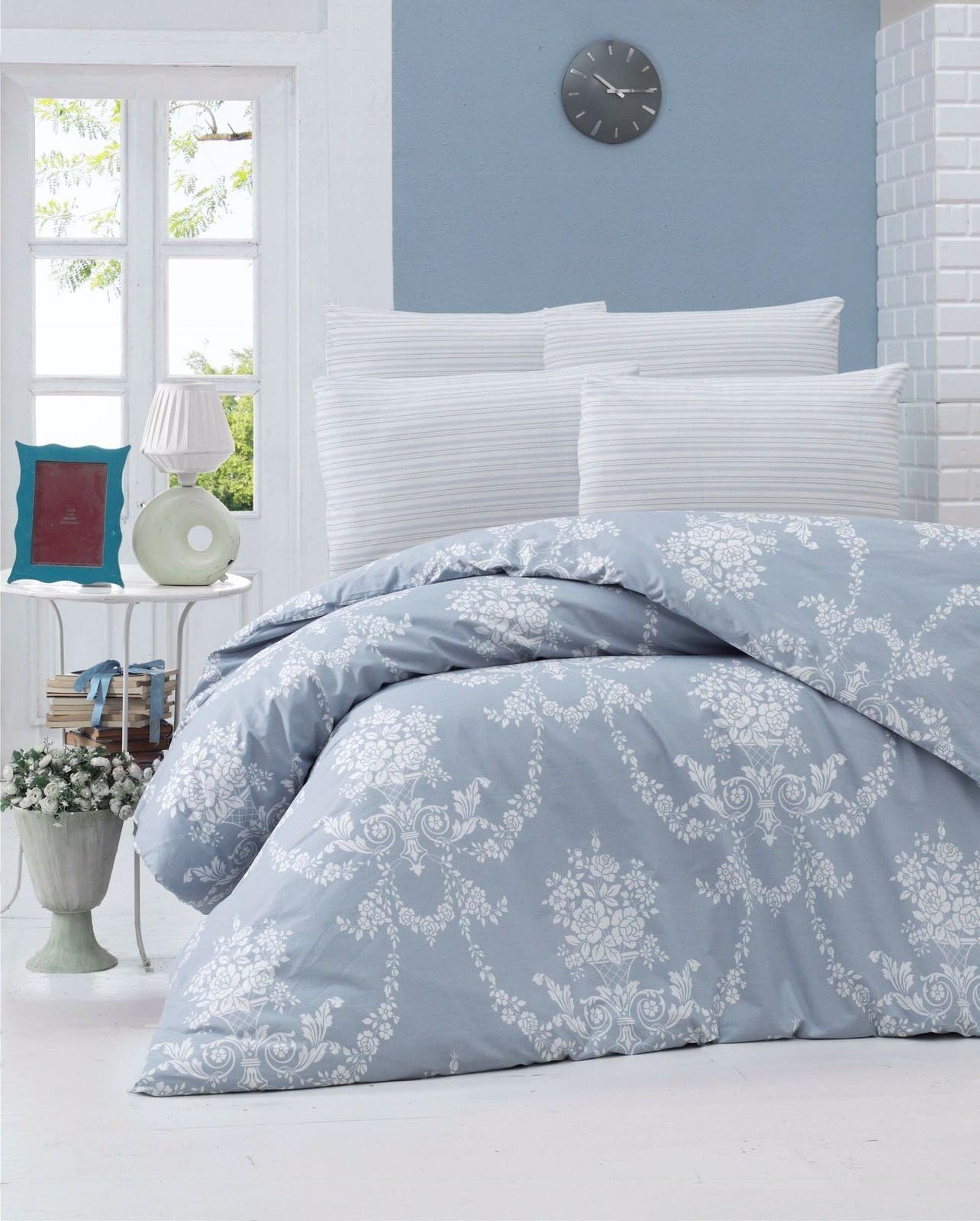 Nuit Des Rêves Ranforce Single XXL Quilt Cover Set, 100% Cotton, 155 x 220 cm, Blue & White, Machine Washable, 145 Thread Count, Envelope & Button Closure