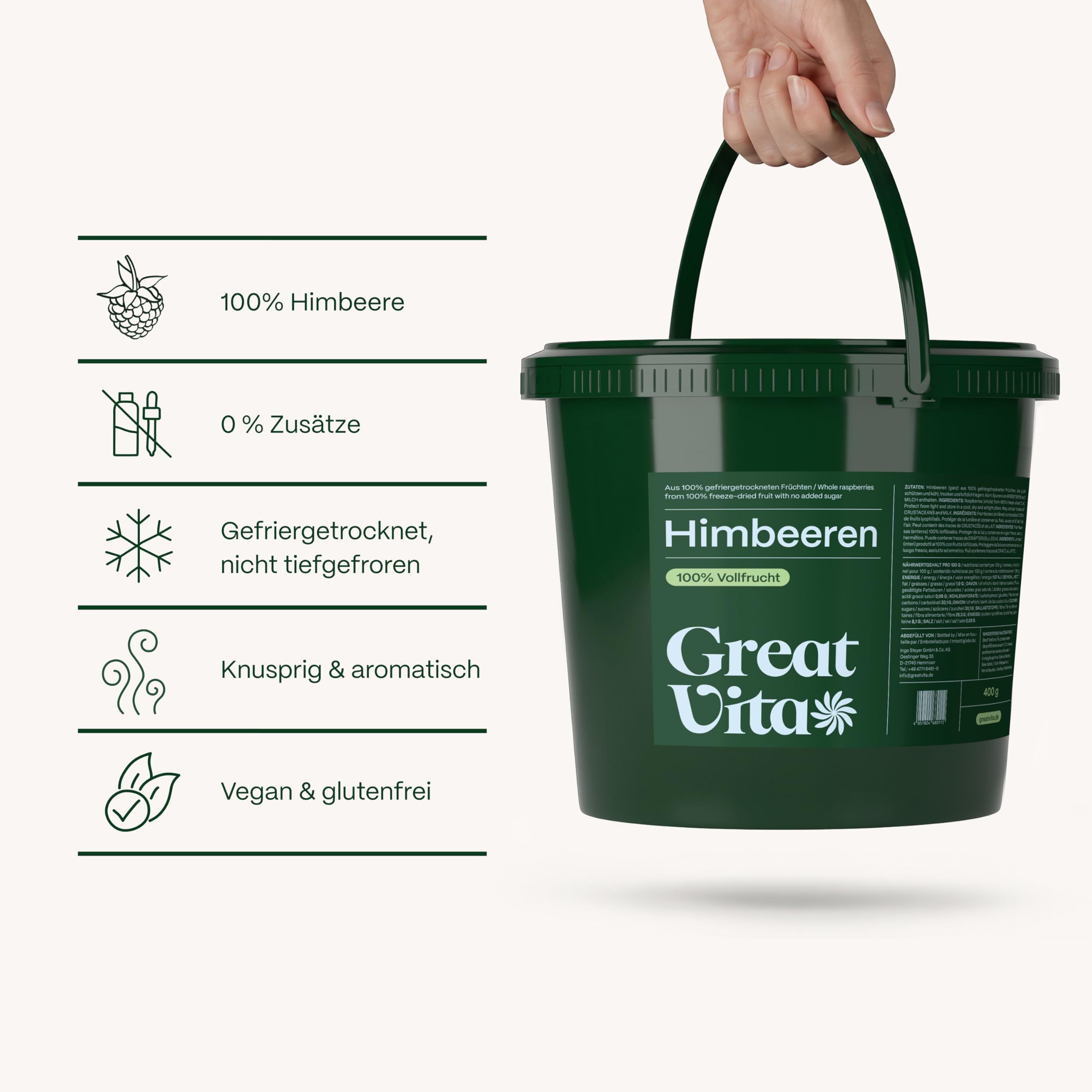 GreatVita Himbeeren gefriergetrocknet 400g - knusprige Himbeerfrucht ohne Zuckerzusatz - gefriergetrocknete Früchte - Freeze-Dried Raspberries - Snack & Topping für Müsli, Joghurt & Smoothies