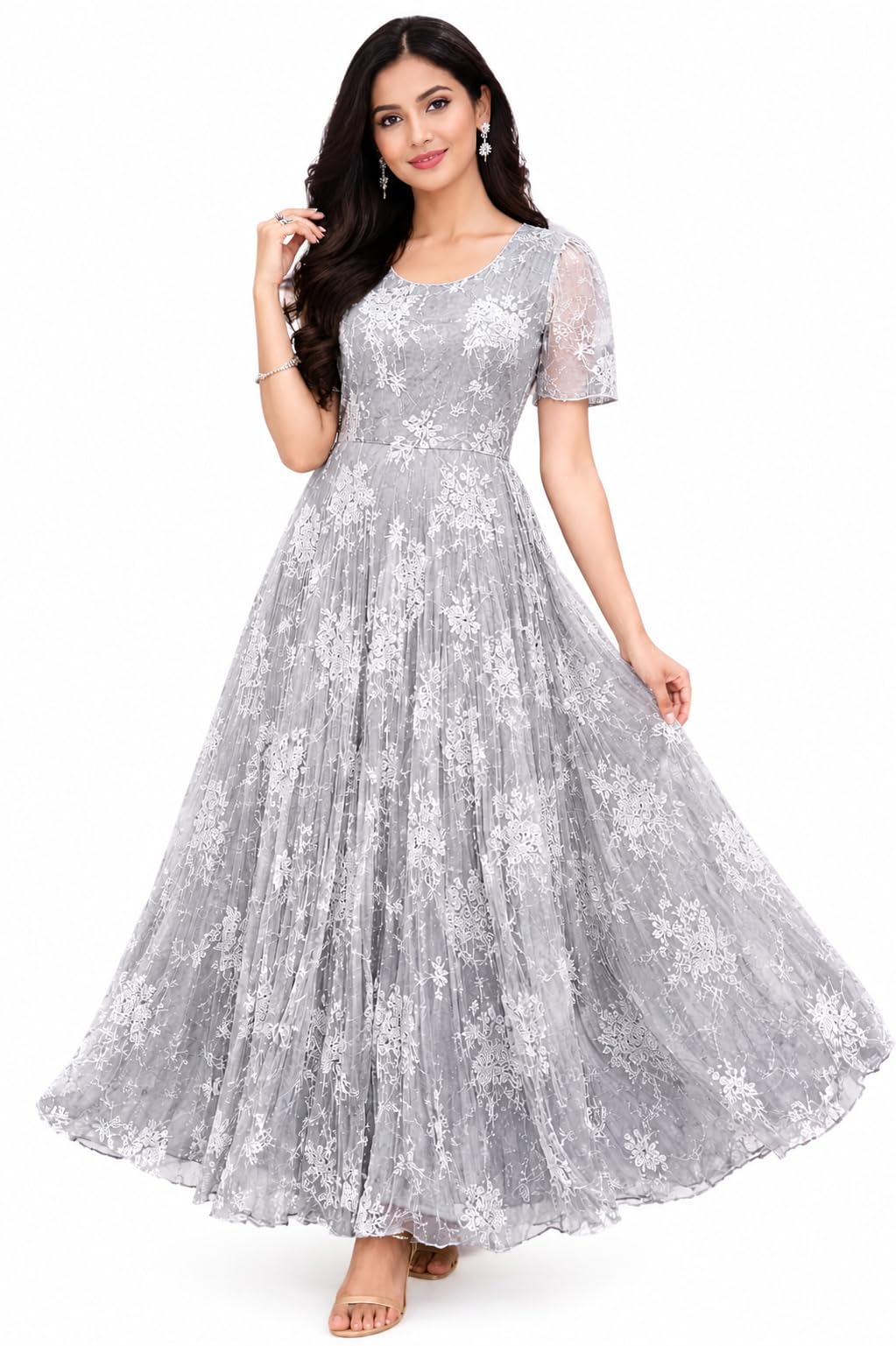 Grey Floral Embroidered Anarkali Gown, Net Fabric, Flared Style, for Weddings, Festive Occasions and Receptions-image-20