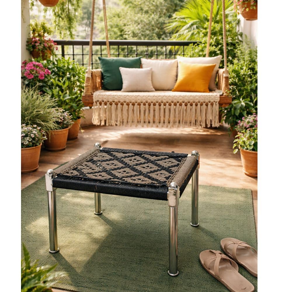 Venvintra Handwoven Rope Charpai Stool for Home and Outdoor Use with Metal Legs Traditional Low Height Seating for Living Room Balcony Patio and Multipurpose Daily Sitting Needs - Grey & Black 4