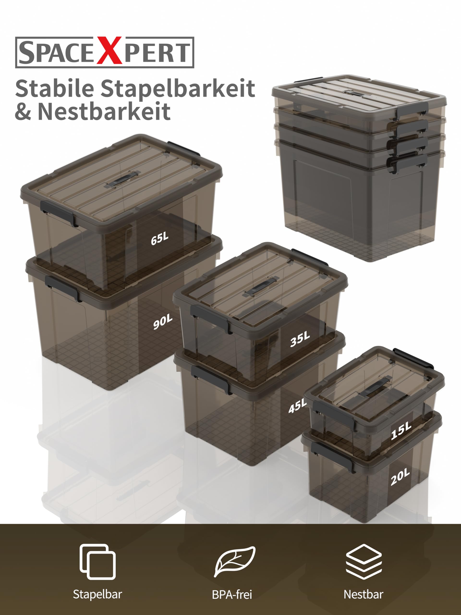 Scatole Portaoggetti, Casse di stoccaggio 65L, Contenitori in Plastica con Coperchio e Maniglia, Trasparente Marrone, Impilabile, Facile da Trasportare, per Casa e Garage, 65L, Set di 4