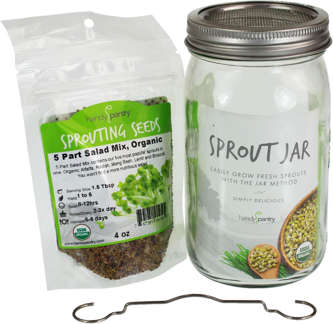 Complete Sprouting Jar Lid Kit With Seeds | Includes Wide Mouth Quart Jar, 316 Stainless Sprouting Ring With Mesh Strainer, Sprouting Stand, And Handy Pantry Sprouting Seeds