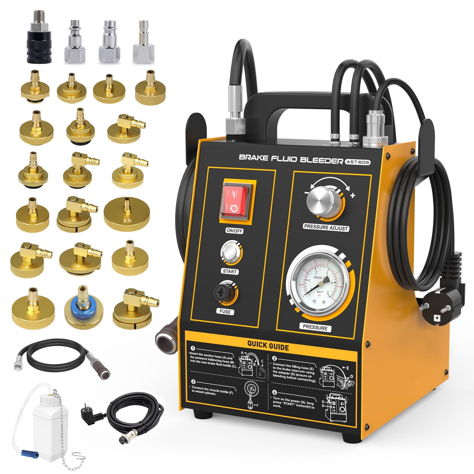 AST605 - Purgador de frenos para coche, 220 V, automático, con 20 adaptadores, 0,7 ~ 2,5 bar, presión ajustable