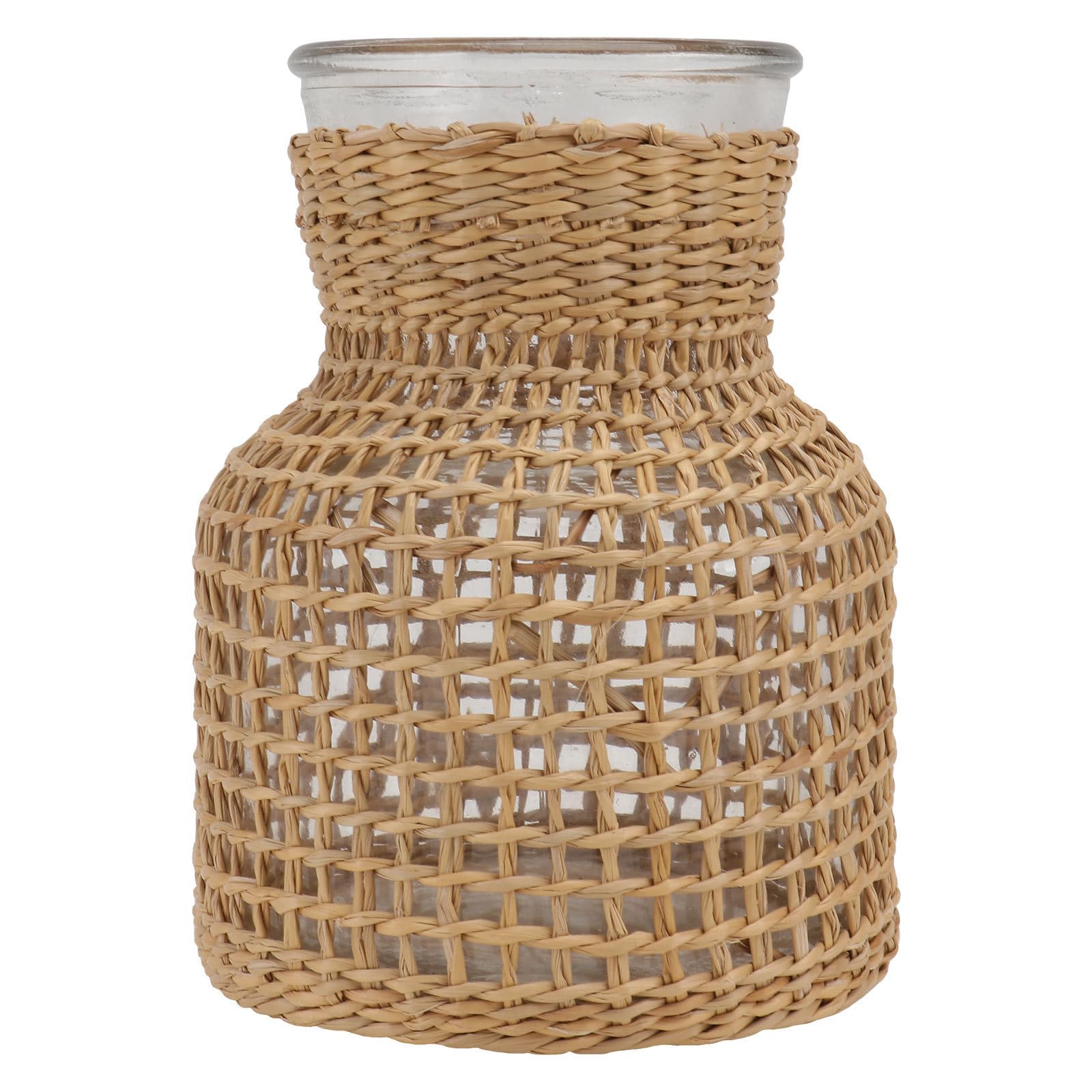 Vase en verre de salon FRCOLOR avec tressage délicat en rotin kaki