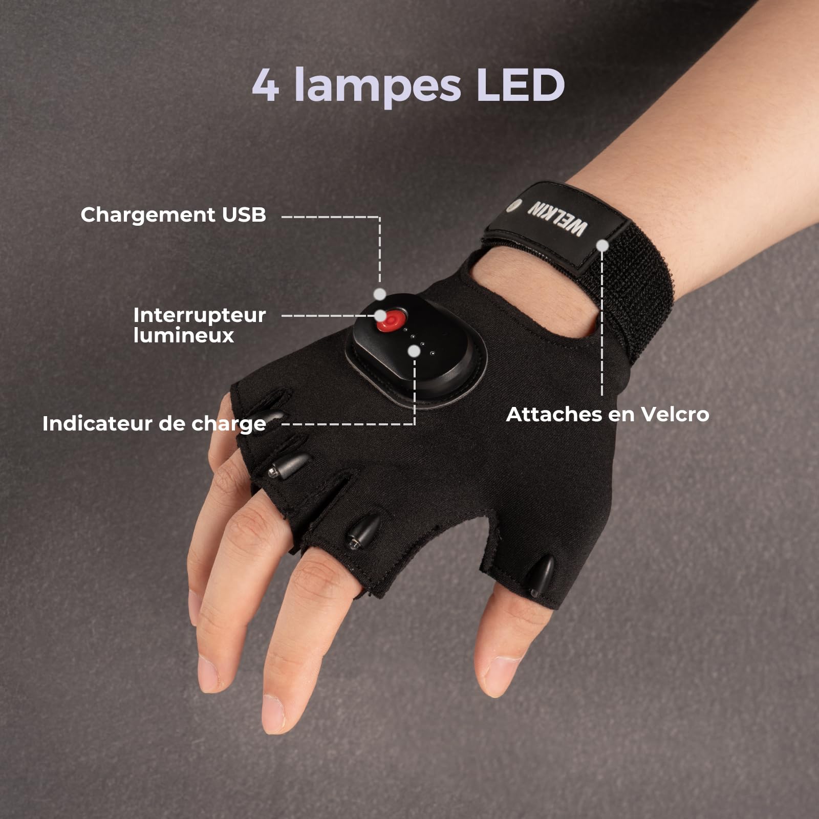 WELKIN Gants à LED avec lumière, lumières rechargeables, cadeaux pour hommes, lumières sans mains pour la pêche, longue autonomie