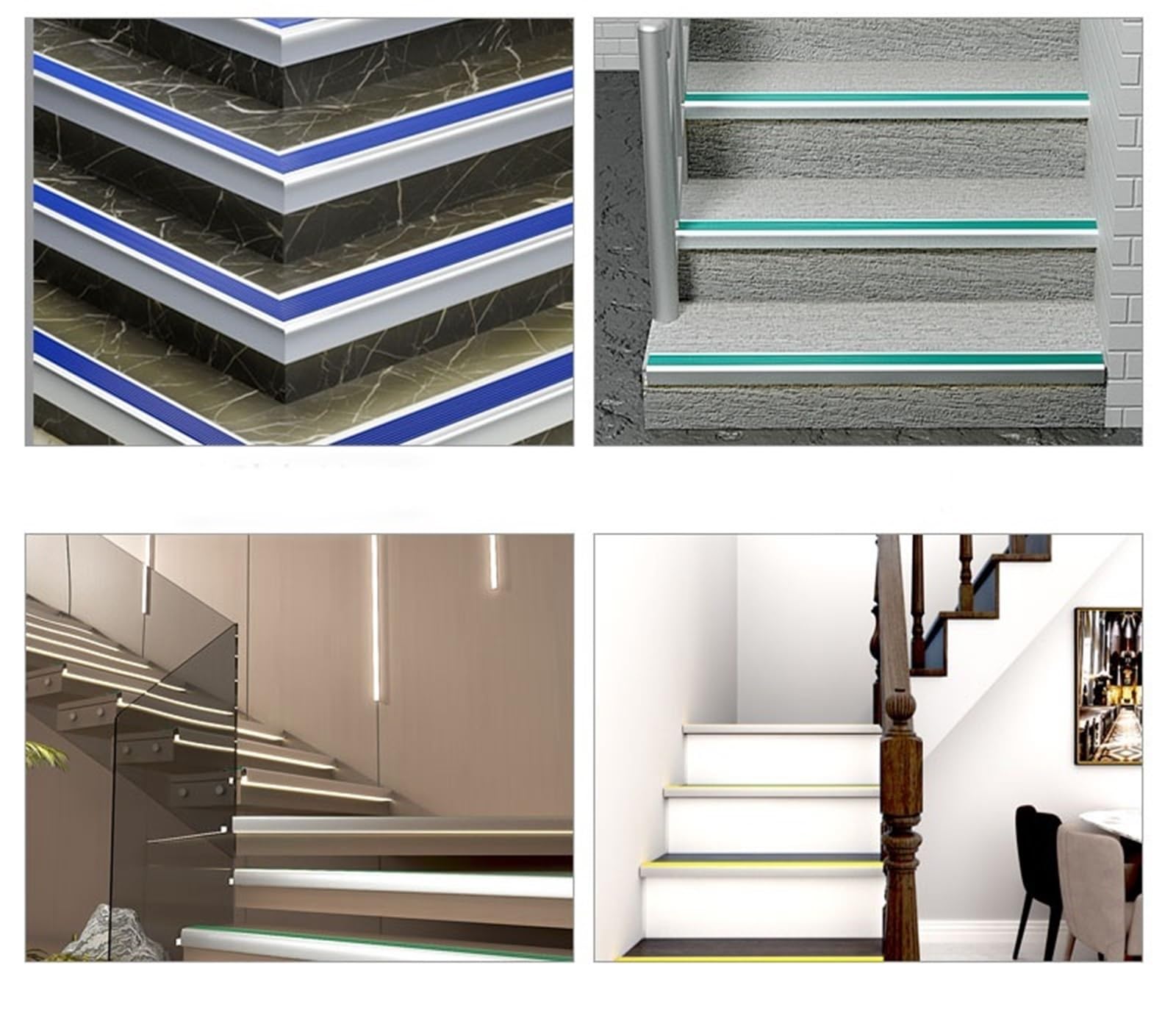 Borde de metal antideslizante para escalera, canal LED de 43 pulgadas con tiras de seguridad, paquete de 5 protectores de borde negro para perfiles de escalera