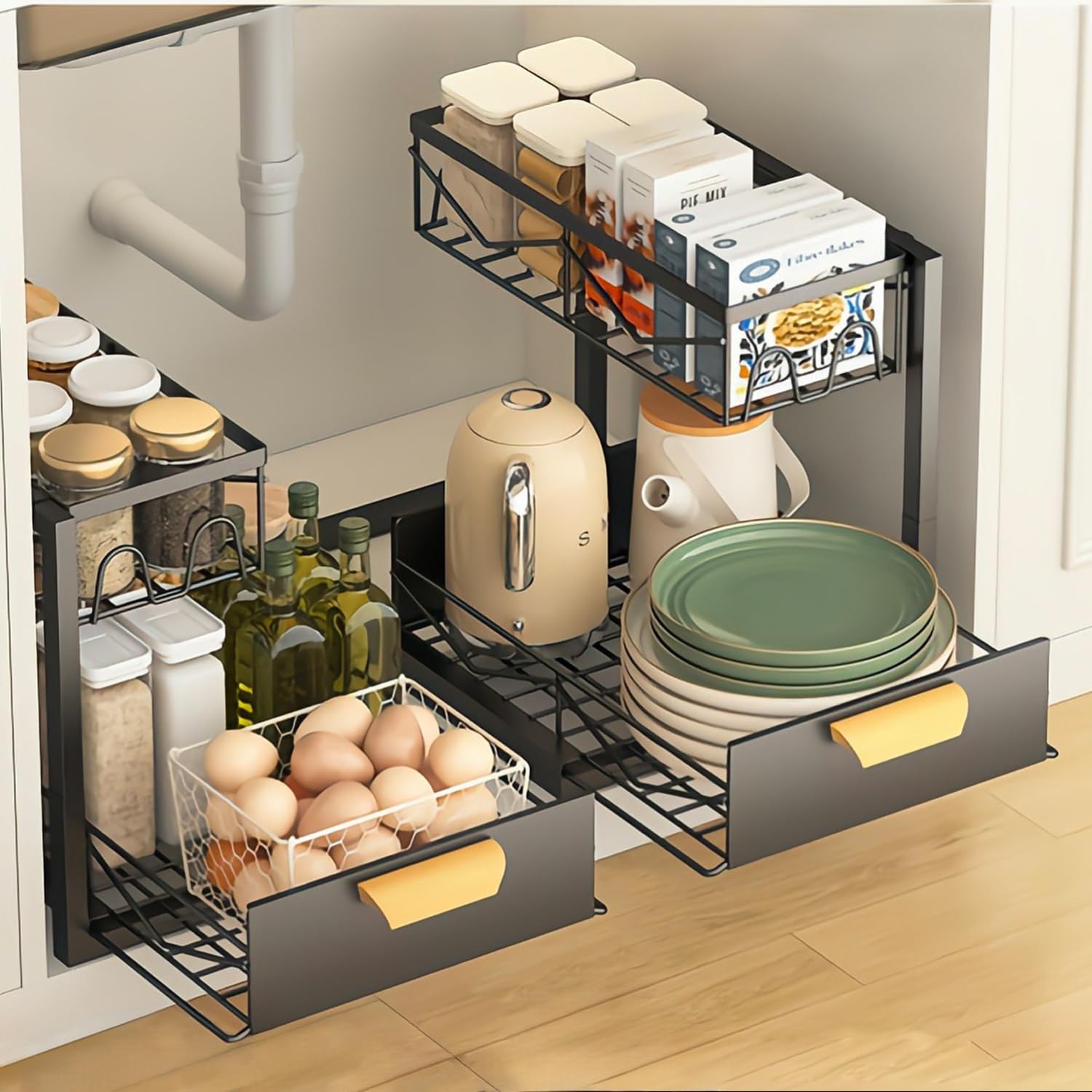 Axaron 2 Pack Under Sink Organizer, 2-Tier, L Shape Pull Out Cabinet Storage Rack, Multi Purpose Storage Rack for Kitchen and Bathroom Cabinets, Black