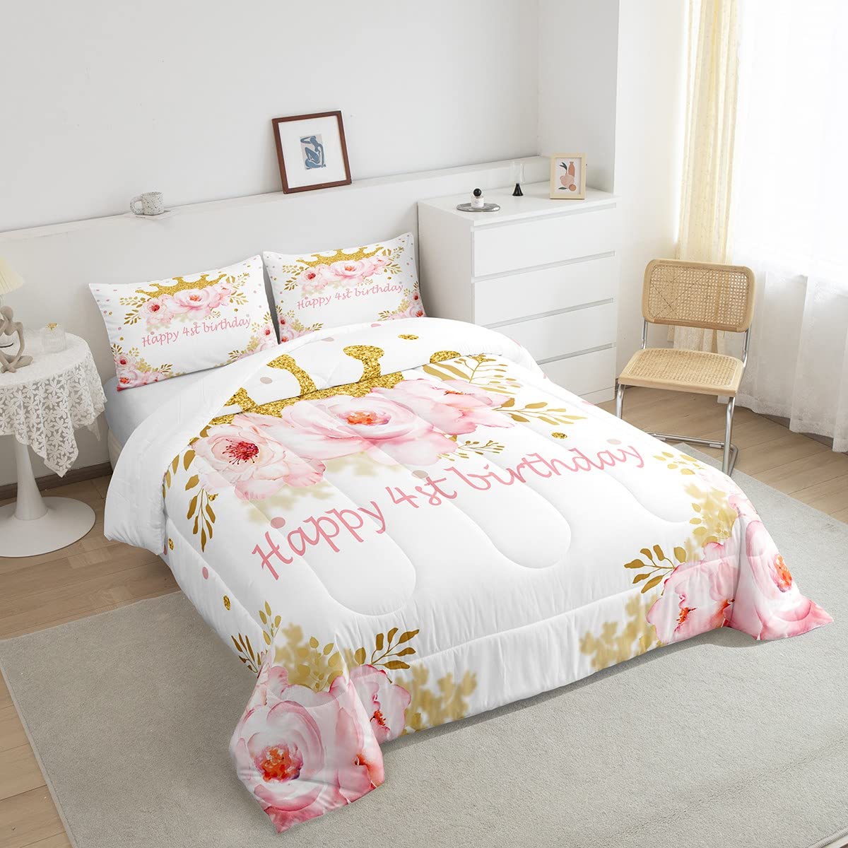 Juego de ropa de cama de 4 cumpleaños lindo juego de ropa de cama floral rosa para niños y niñas, edredón de fiesta de cumpleaños, juego de edredón floral botánico, 2 piezas de tamaño individual