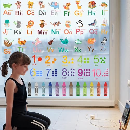 Miniatura 5 de Calcomanías de pared de dibujos animados 3D de animales de la A a la Z, letras de aprendizaje temprano 1-9, calcomanías de pared para despegar y