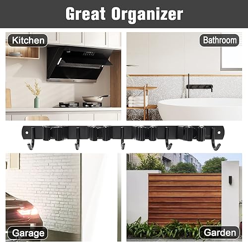 Miniatura 2 de ANEDER Paquete de 2 soportes de pared para trapeador y escoba, 4 estantes y 5 ganchos, organizador de escobas, estantes de herramientas de