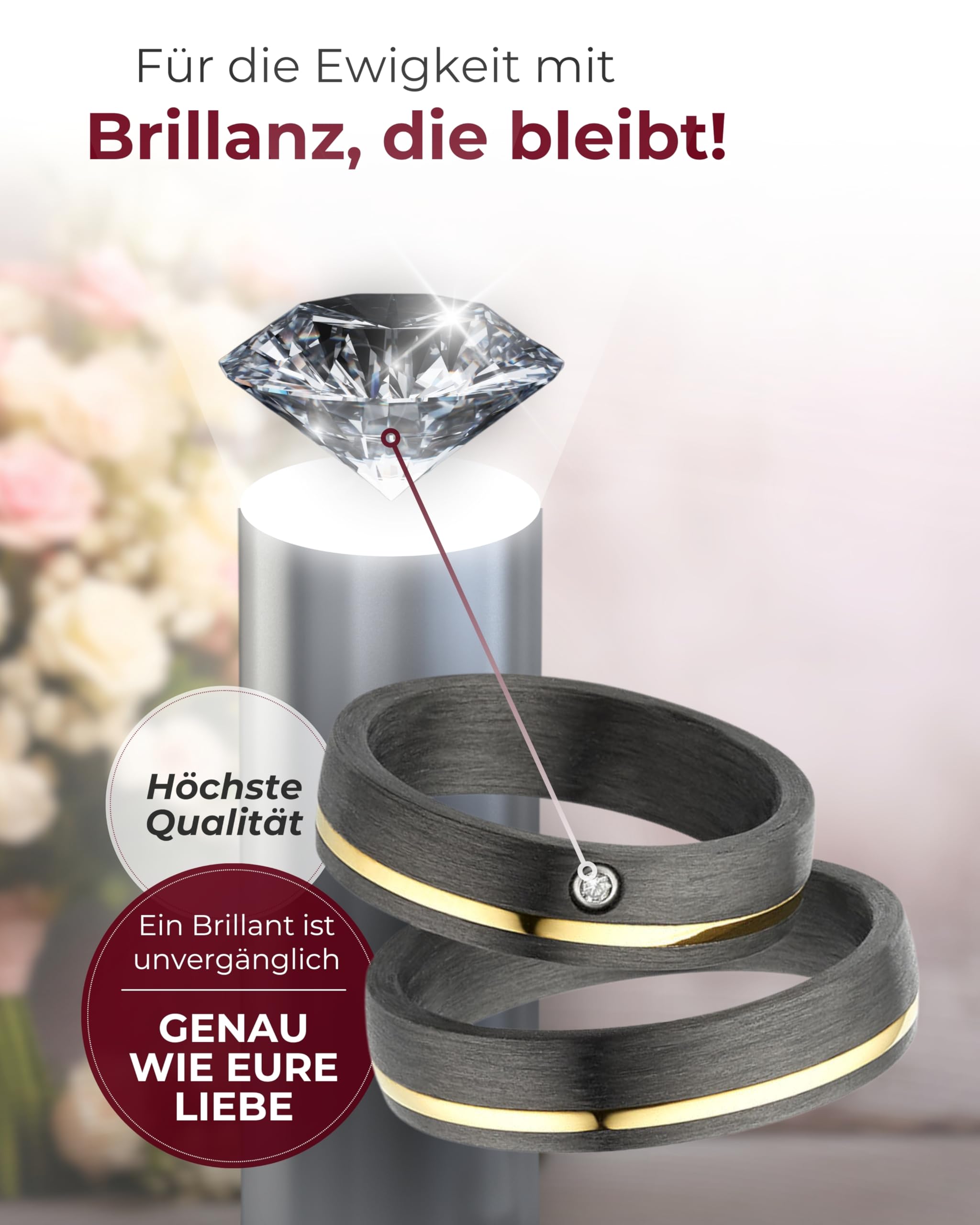 123traumringe Eheringe in Carbon, Titan & Gold I Partnerringe mit Brillant & Etui I Gravierbare Eheringe mit Ringgröße 50-70 mm I Edle Verlobungsringe in 5 mm Breite & 1,9 mm Stärke I P4