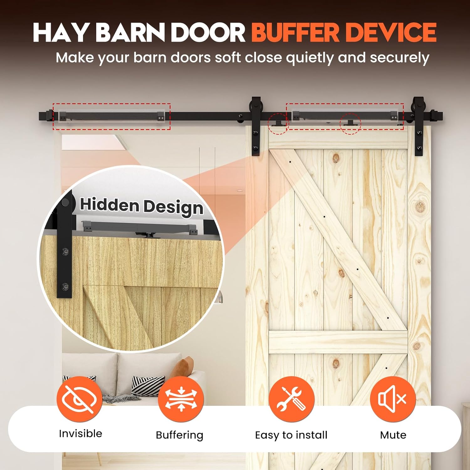 Barn Door Soft Close Hardware Kit - Upgrade Adjustable Stopper & Damper for Sliding Doors 88-132 lbs,Universal Fit for Top Track Systems No Hole Installation Includes Spacers(4 Pack, Black)